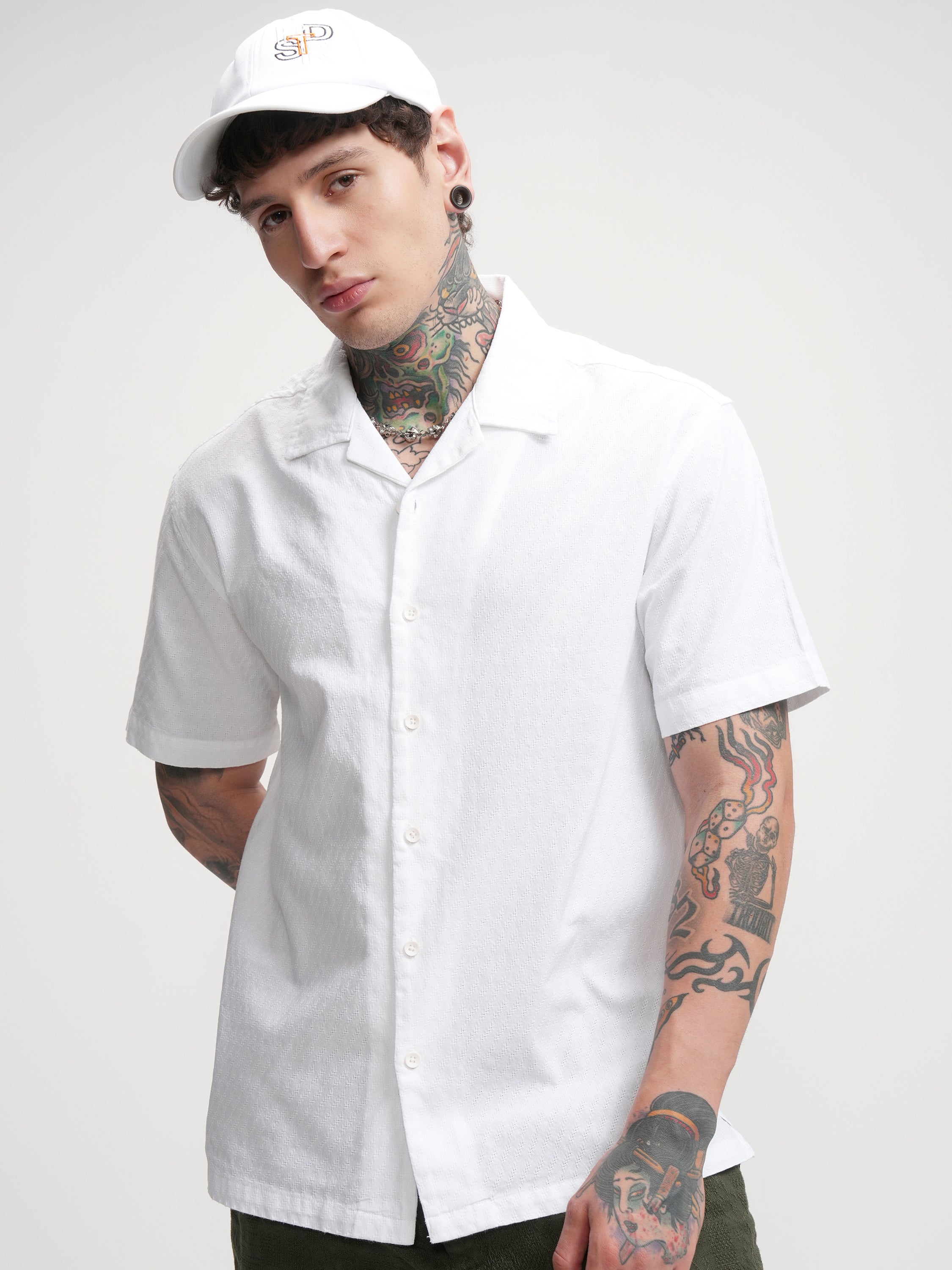 Highlander Men White Self Design Relaxed Fit Casual Shirt - White - Image 1