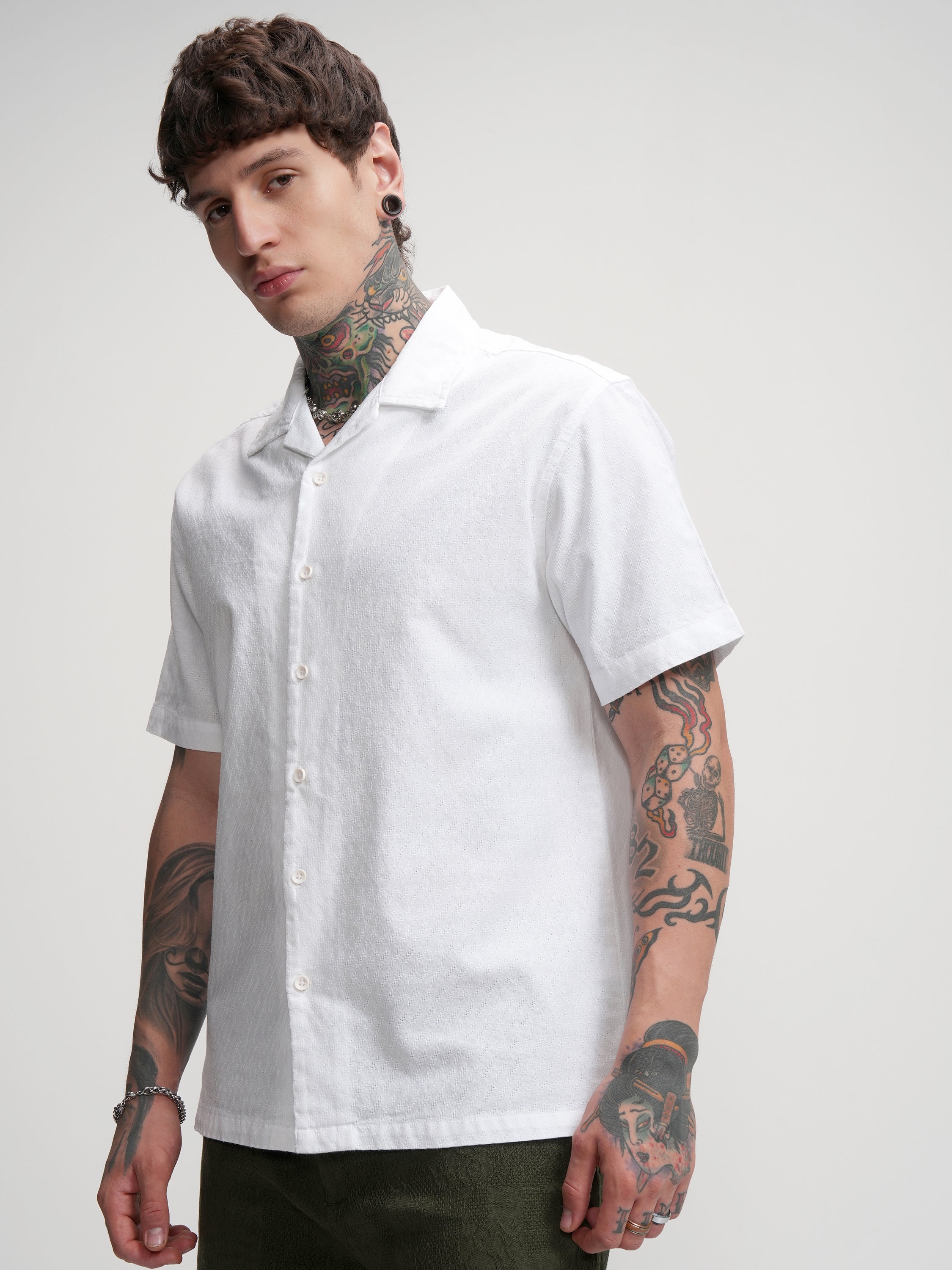 Highlander Men White Self Design Relaxed Fit Casual Shirt - White - Image 4