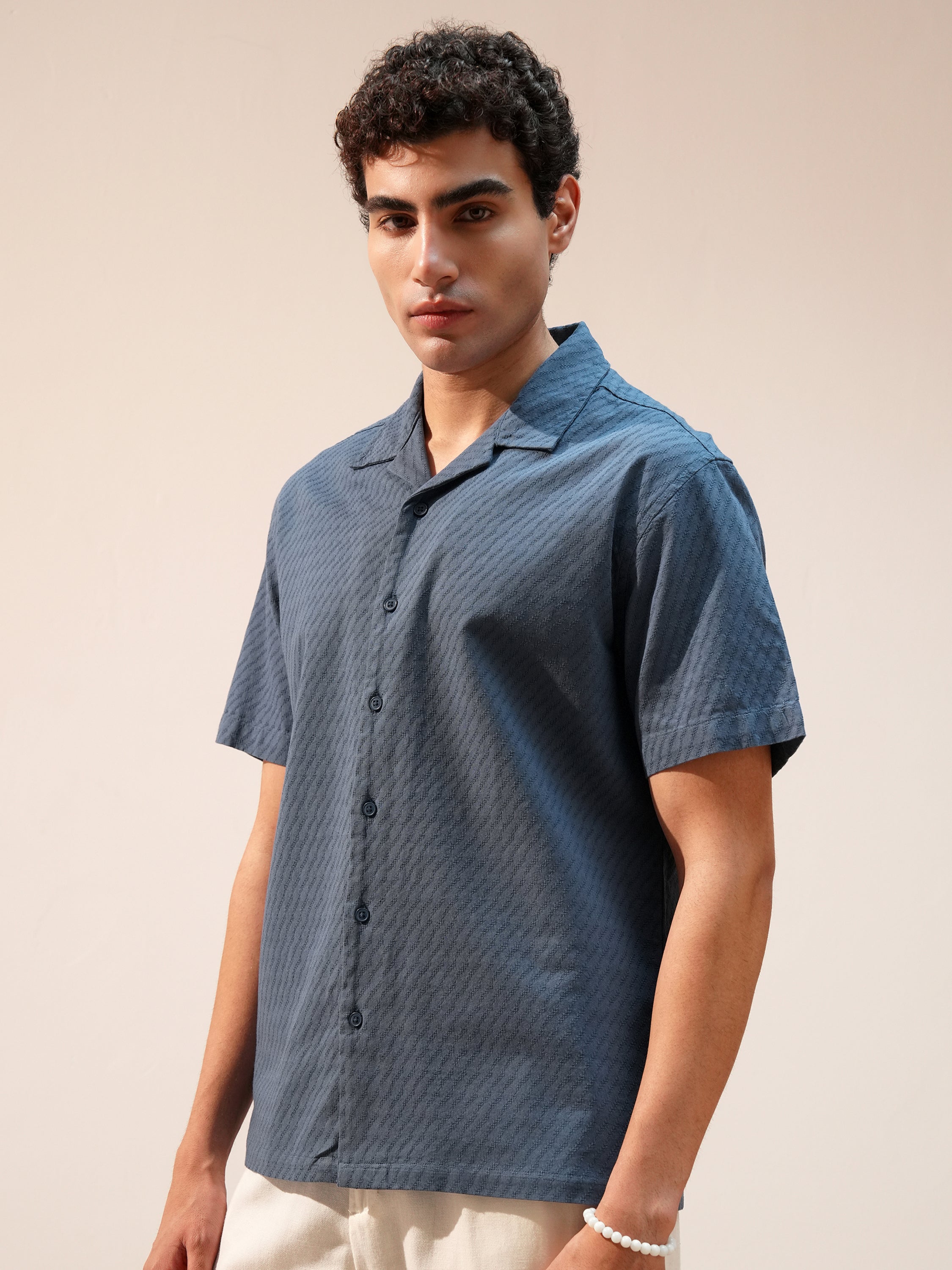 Highlander Men Blue Self Design Relaxed Fit Casual Shirt - Blue - Image 4