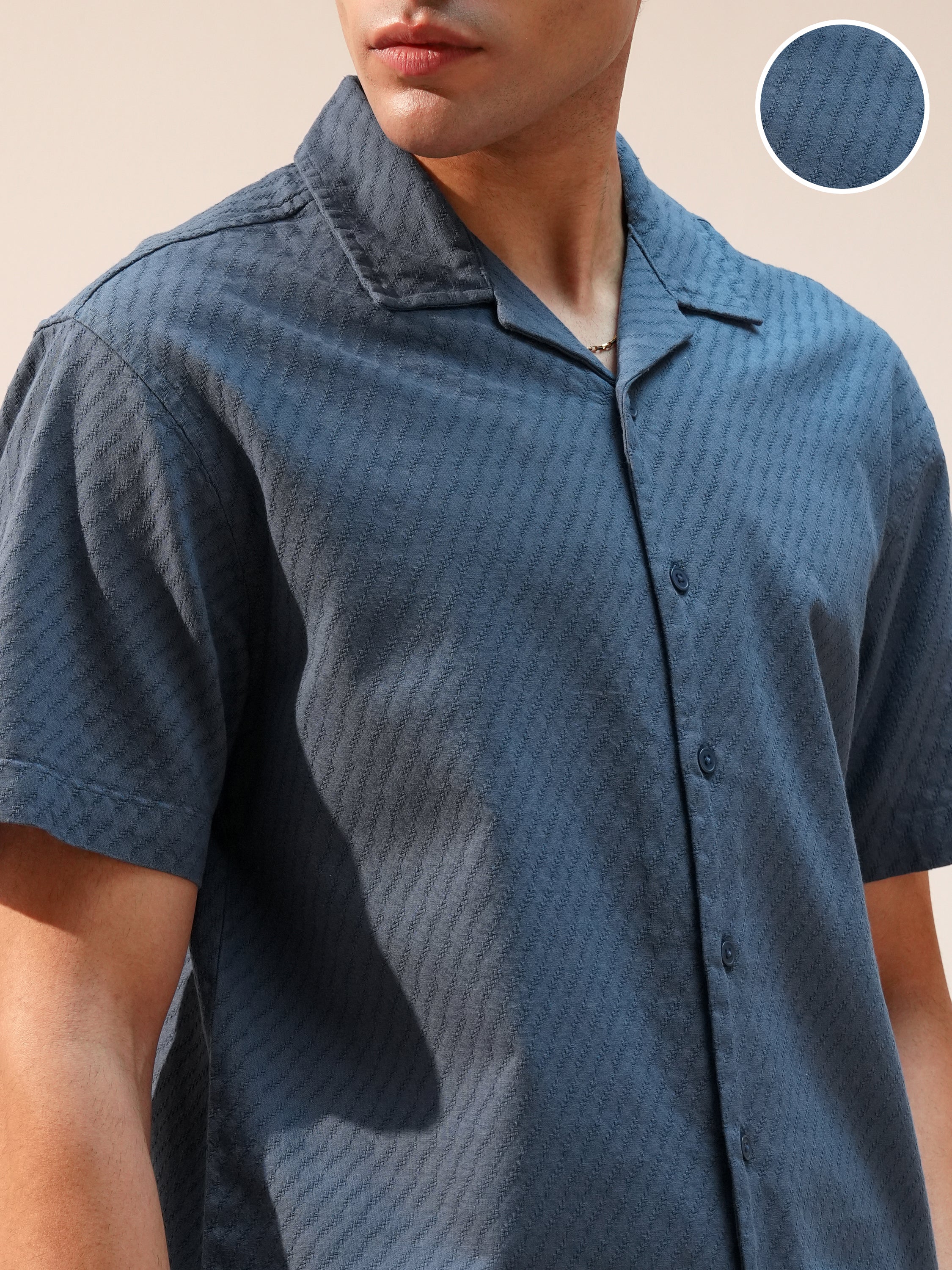 Highlander Men Blue Self Design Relaxed Fit Casual Shirt - Blue - Image 5