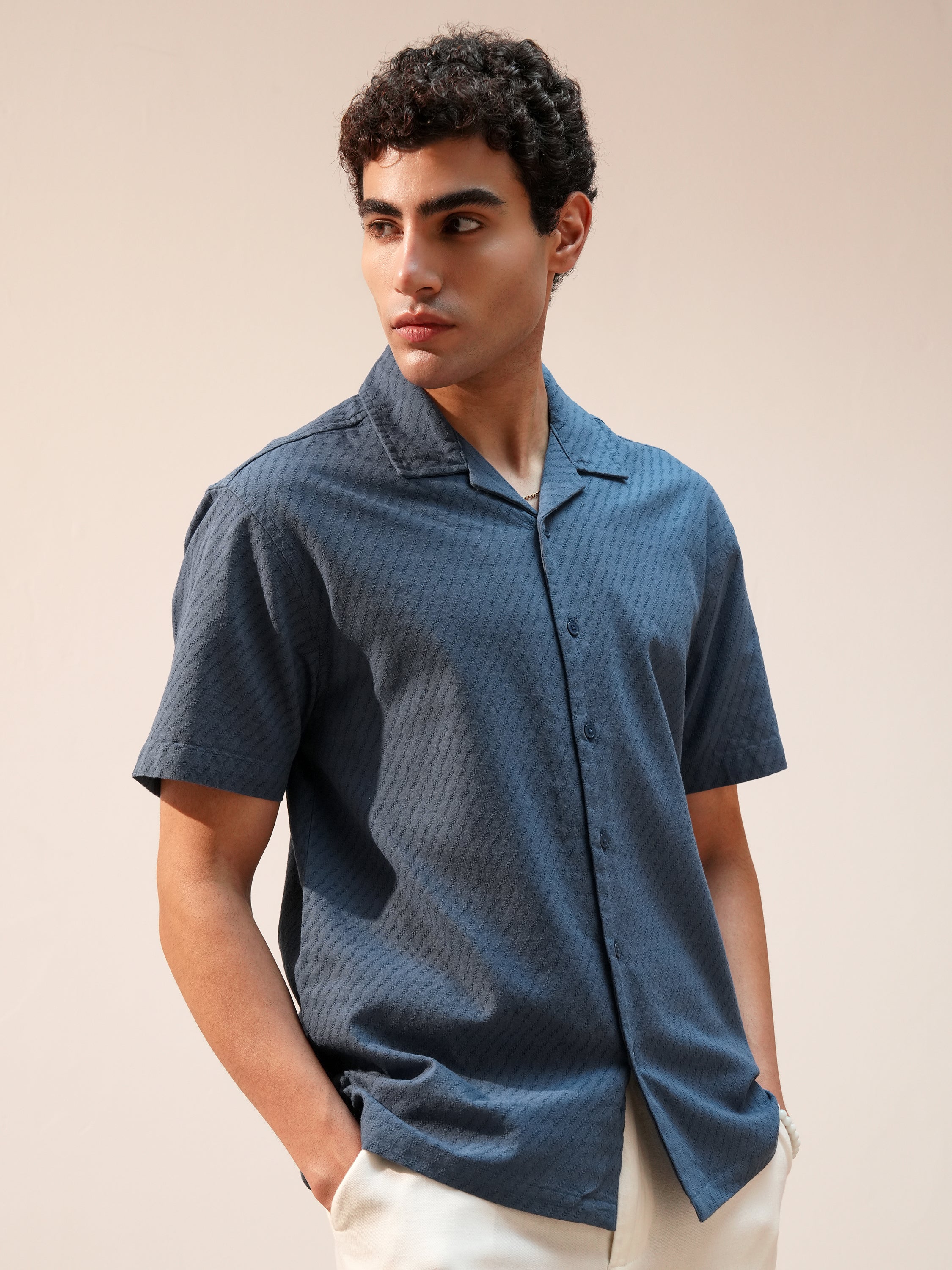 Highlander Men Blue Self Design Relaxed Fit Casual Shirt - Blue - Image 6