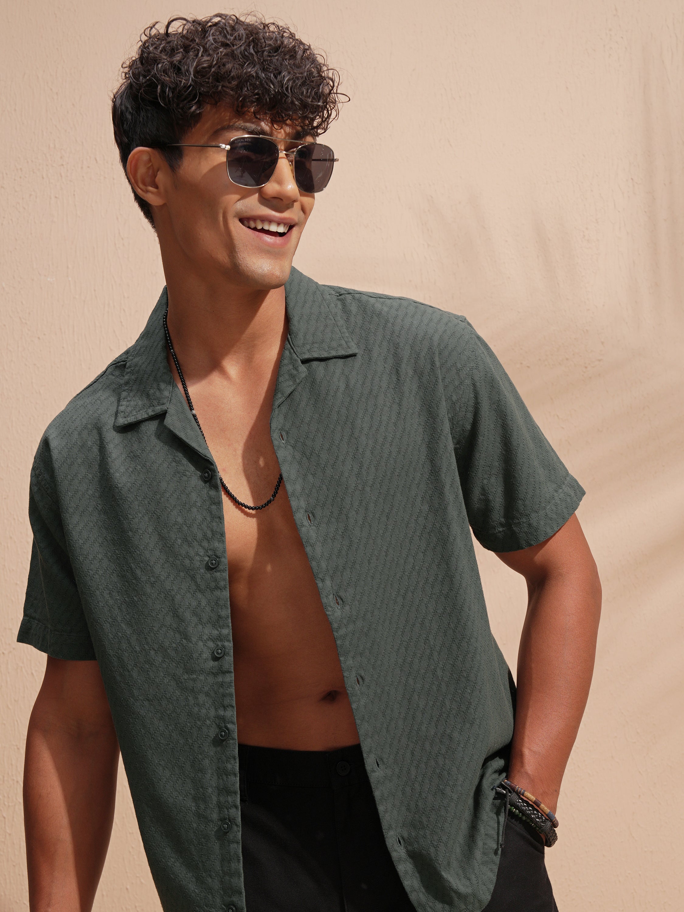 Highlander Men Green Self Design Relaxed Fit Casual Shirt - Green - Image 1