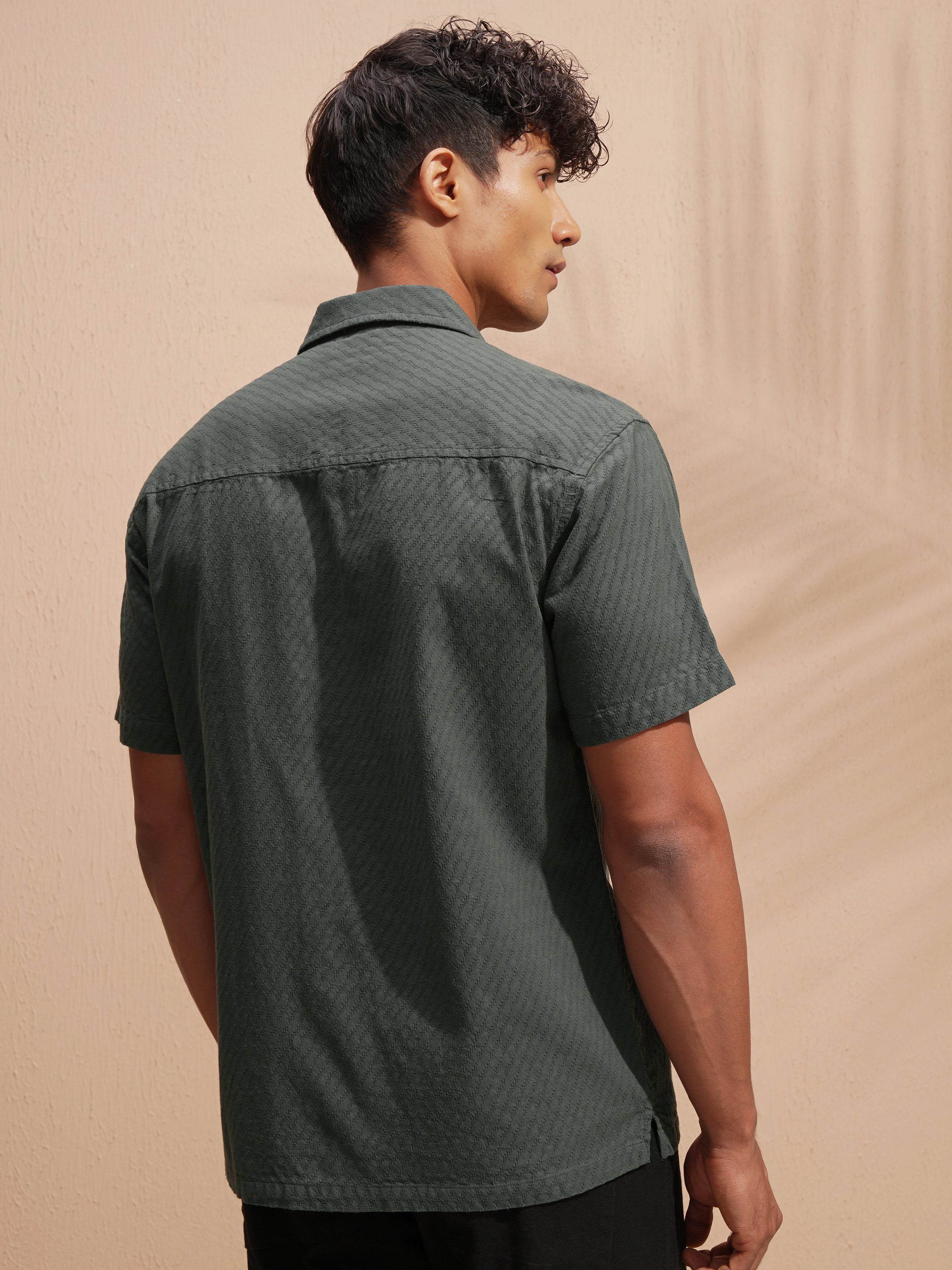 Highlander Men Green Self Design Relaxed Fit Casual Shirt - Green - Image 3