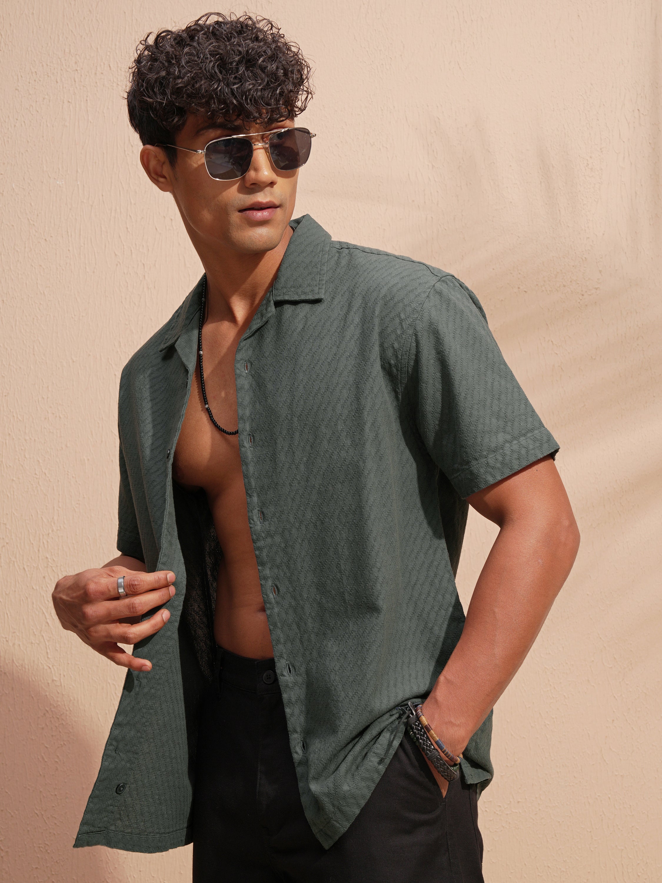 Highlander Men Green Self Design Relaxed Fit Casual Shirt - Green - Image 4