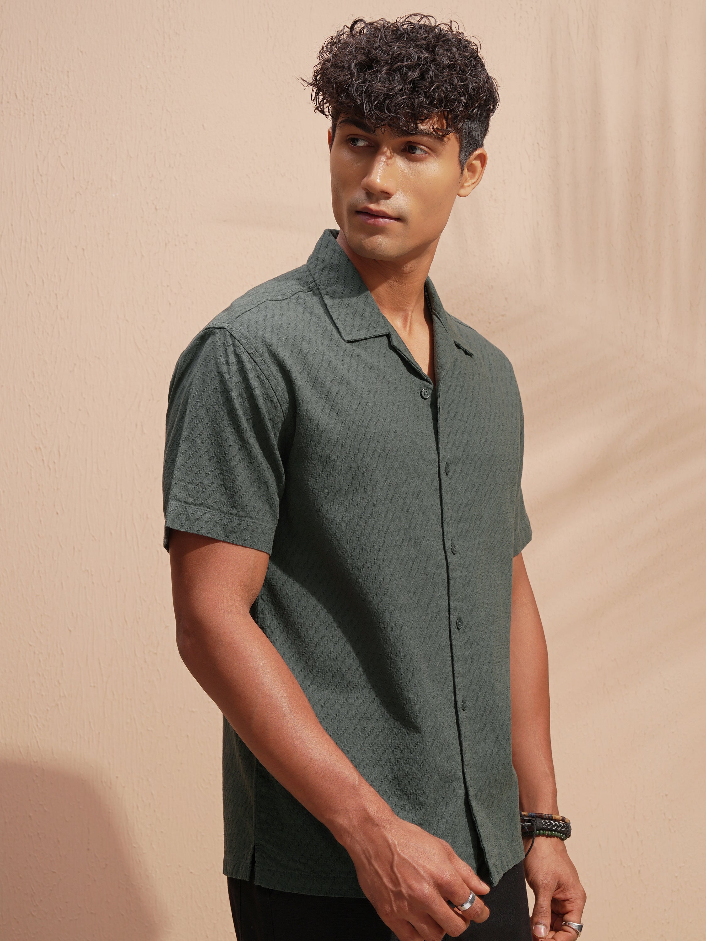 Highlander Men Green Self Design Relaxed Fit Casual Shirt - Green - Image 6