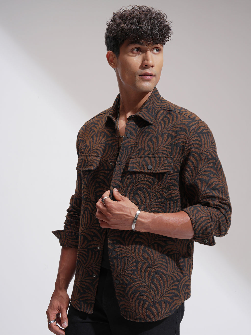 Highlander Men Brown Self Design Relaxed Fit Casual Shirt - Brown - Image 4