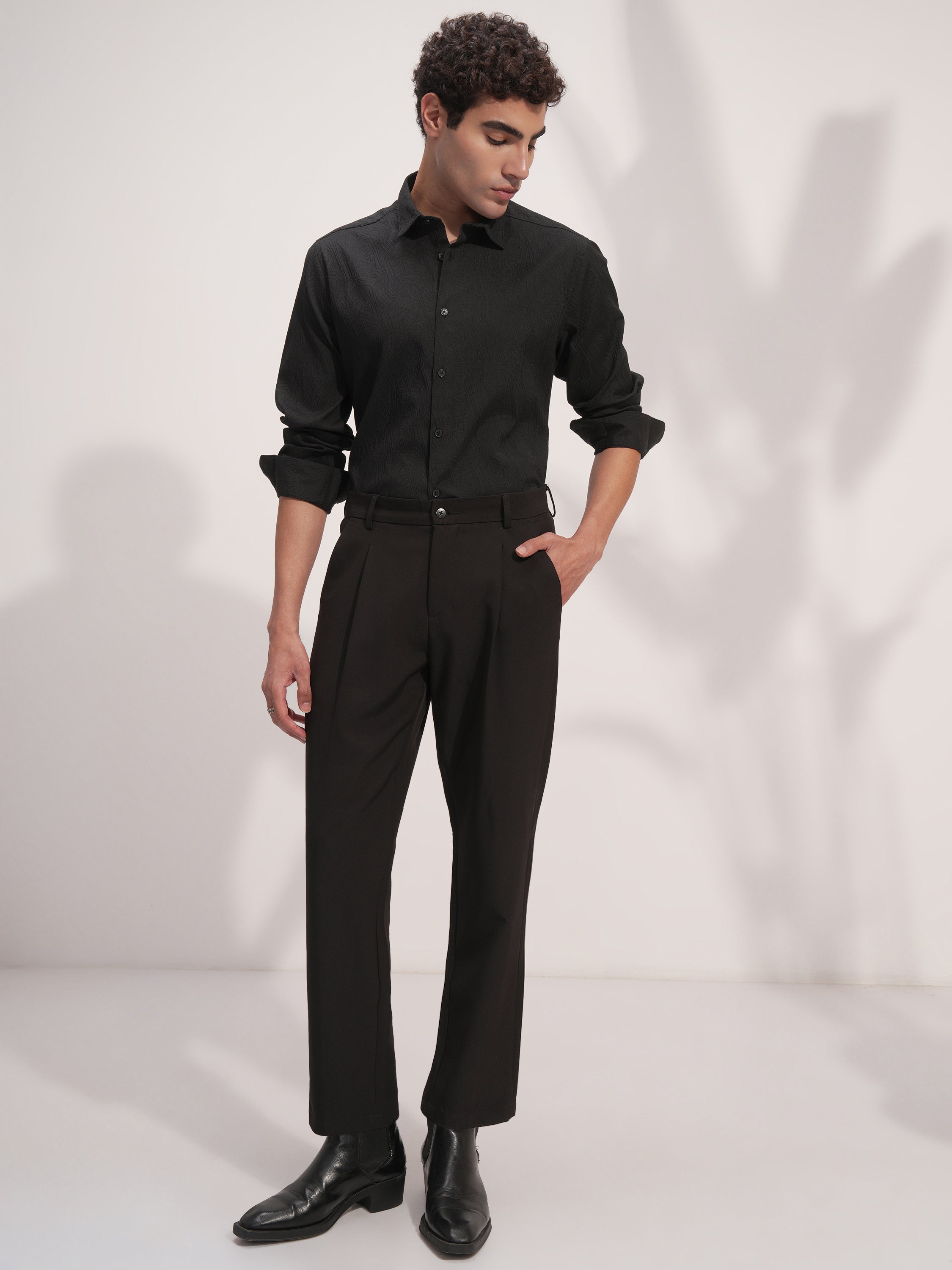 Highlander Men Black Self Design Slim Fit Casual Shirt - Black - Image 2