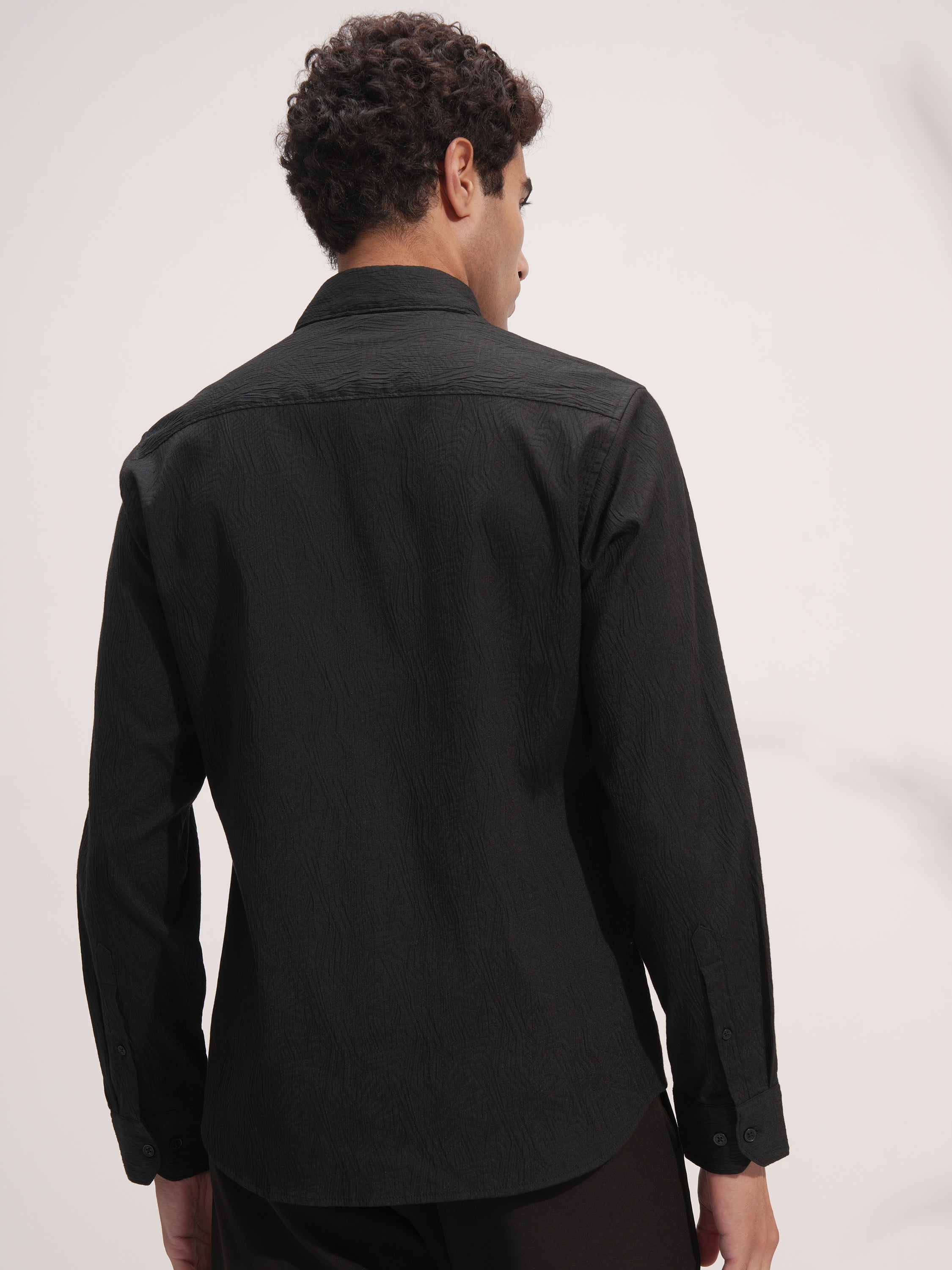 Highlander Men Black Self Design Slim Fit Casual Shirt - Black - Image 3