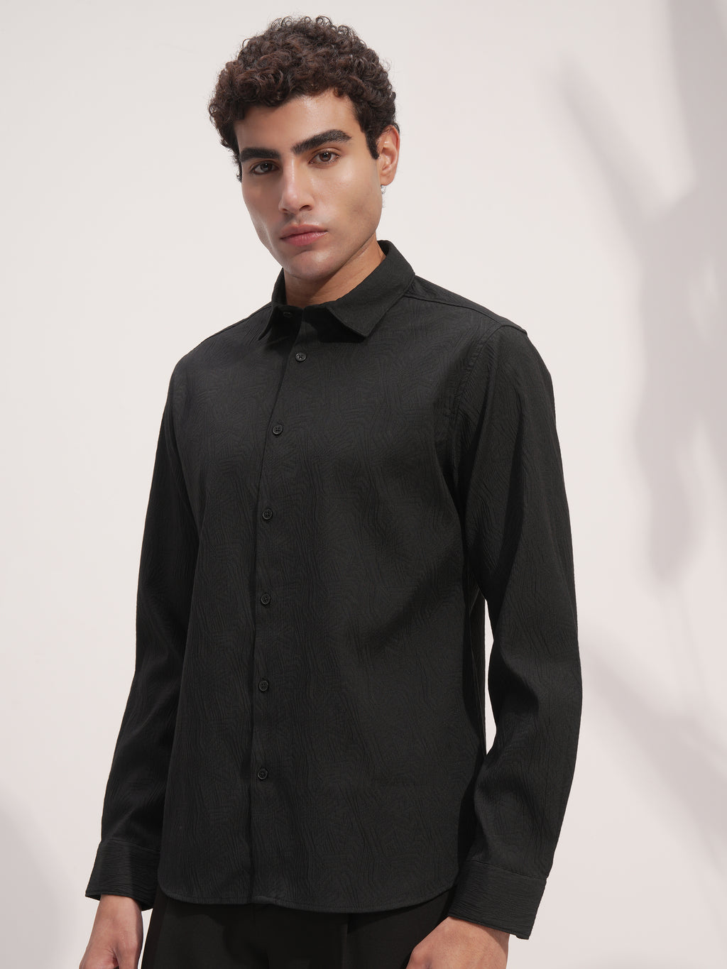 Highlander Men Black Self Design Slim Fit Casual Shirt - Black - Image 4