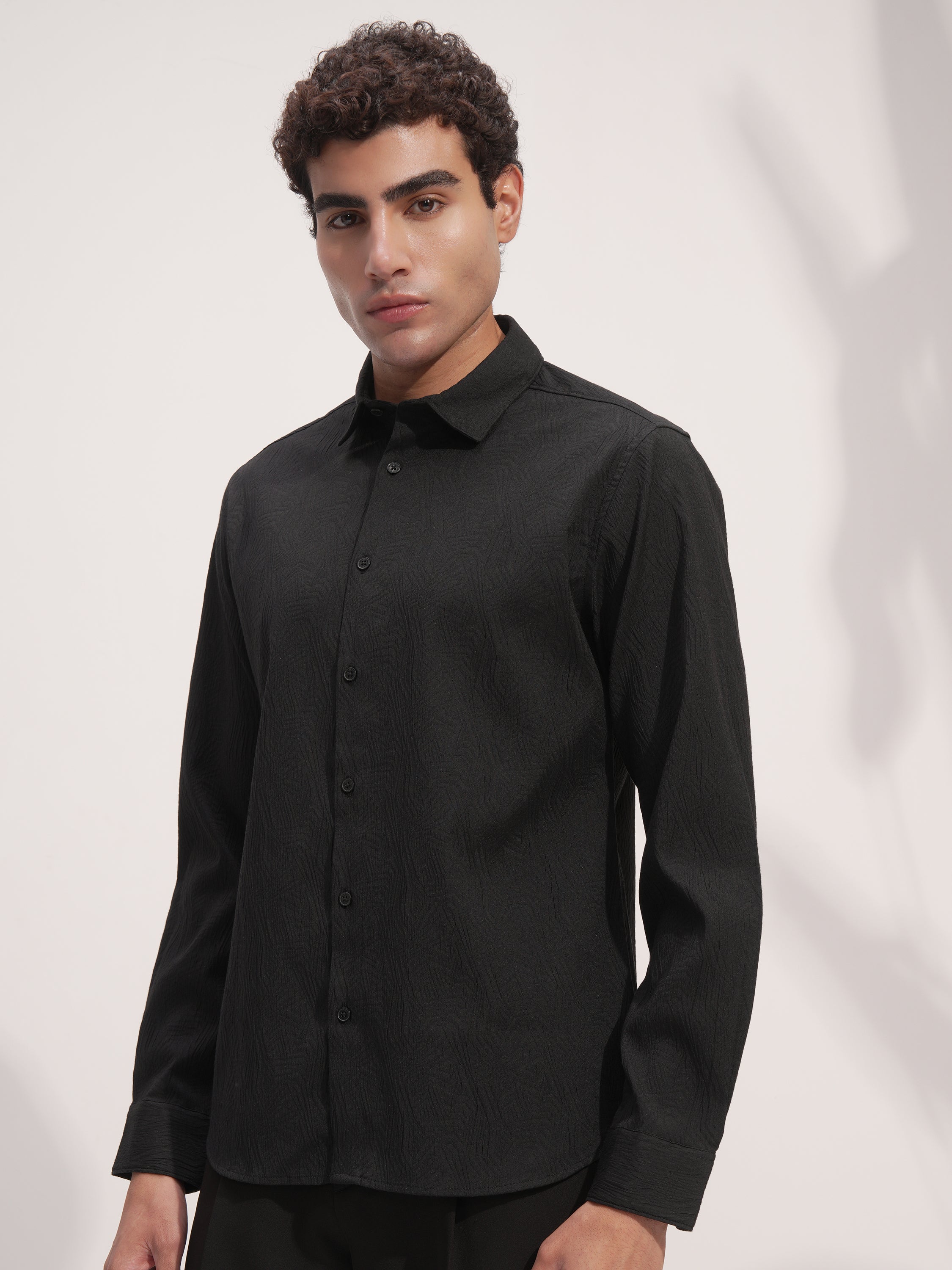Highlander Men Black Self Design Slim Fit Casual Shirt - Black - Image 4