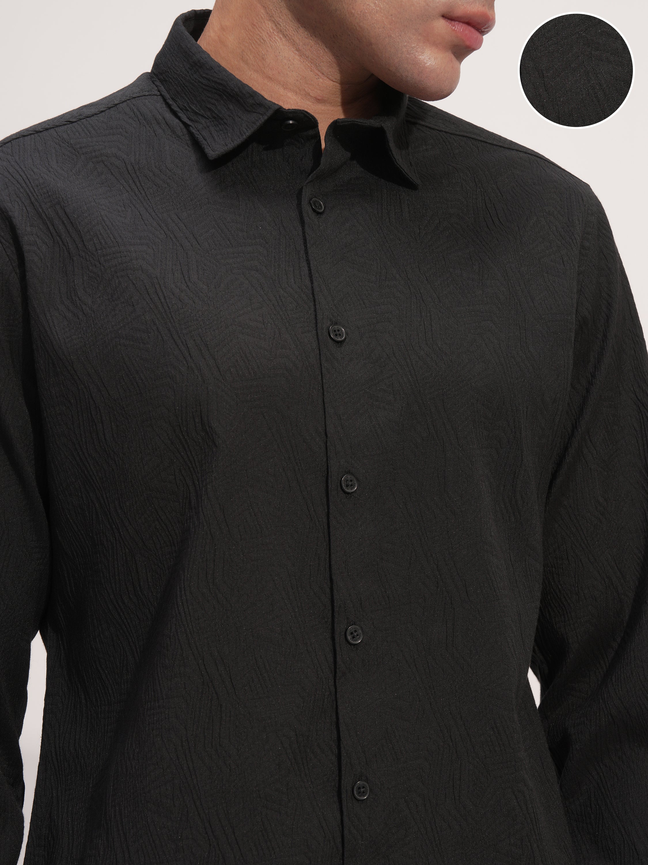 Highlander Men Black Self Design Slim Fit Casual Shirt - Black - Image 5
