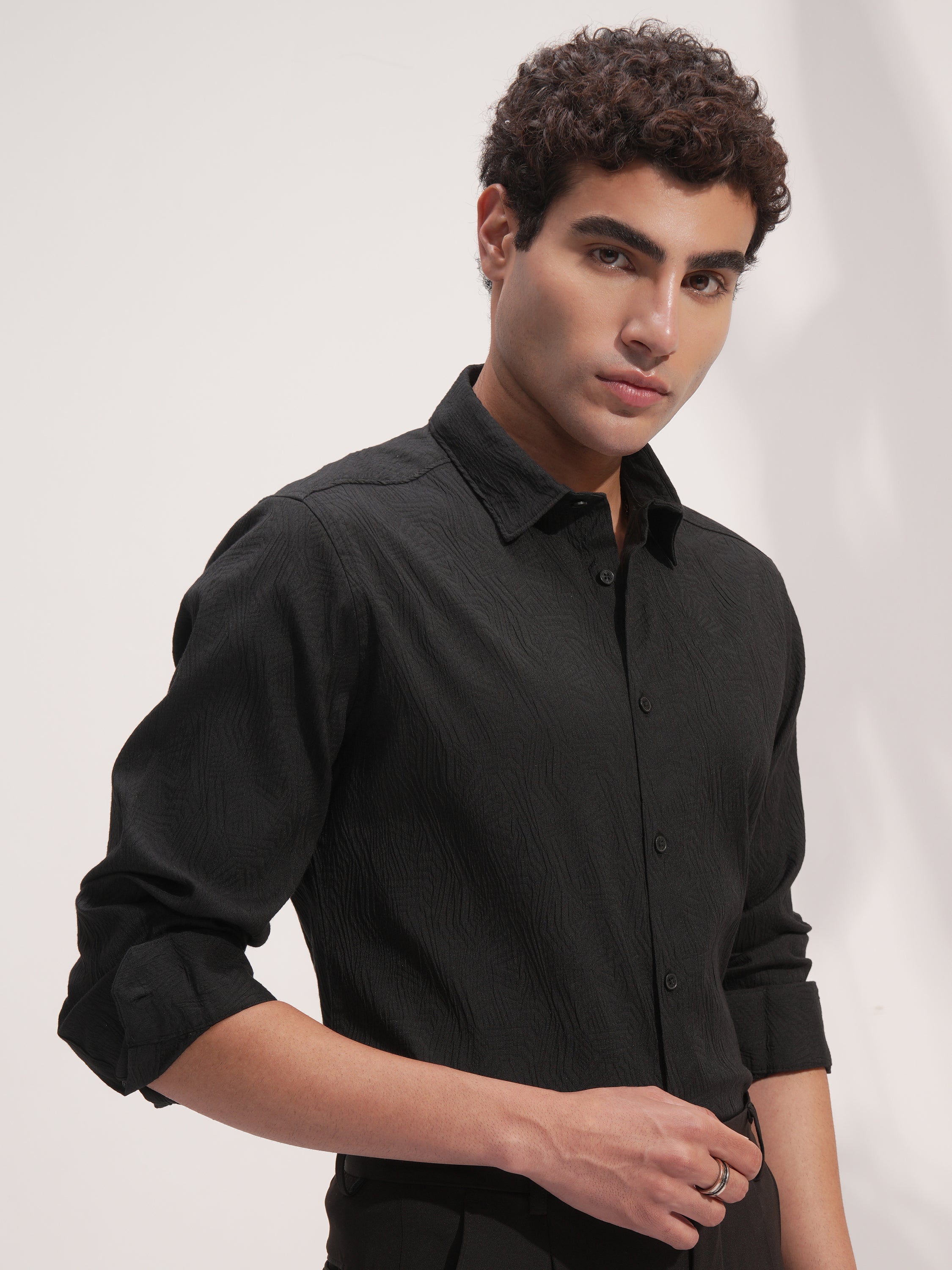 Highlander Men Black Self Design Slim Fit Casual Shirt - Black - Image 6