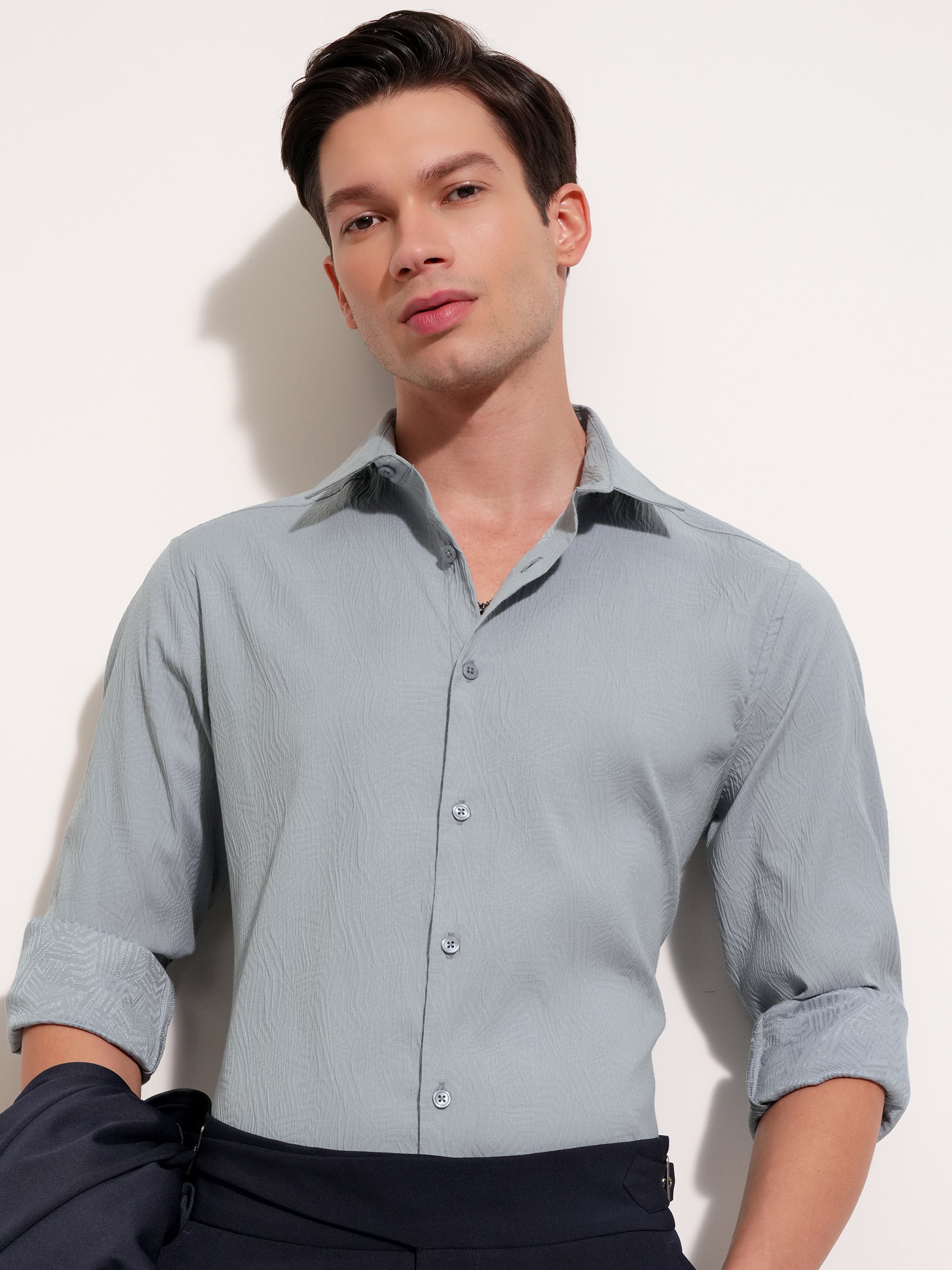 Highlander Men Grey Self Design Slim Fit Casual Shirt - Grey - Image 1
