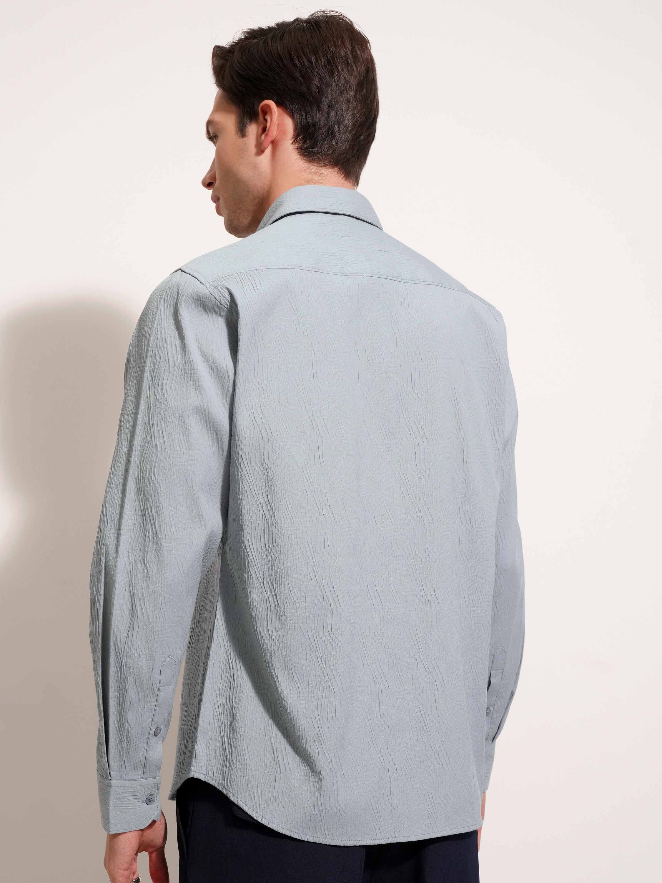 Highlander Men Grey Self Design Slim Fit Casual Shirt - Grey - Image 3
