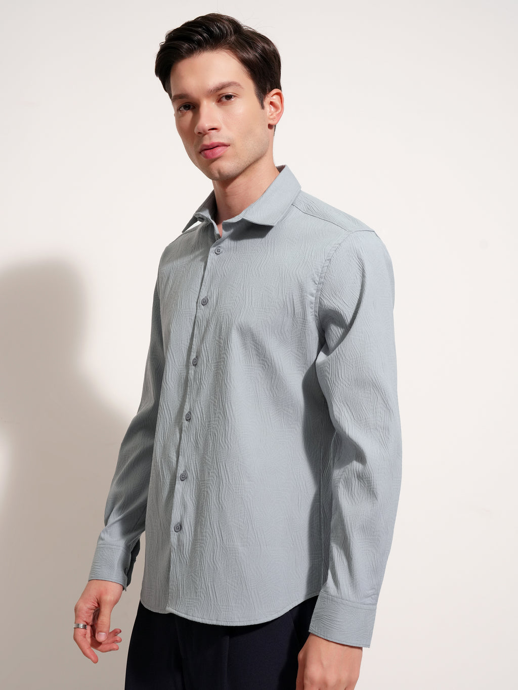 Highlander Men Grey Self Design Slim Fit Casual Shirt - Grey - Image 4