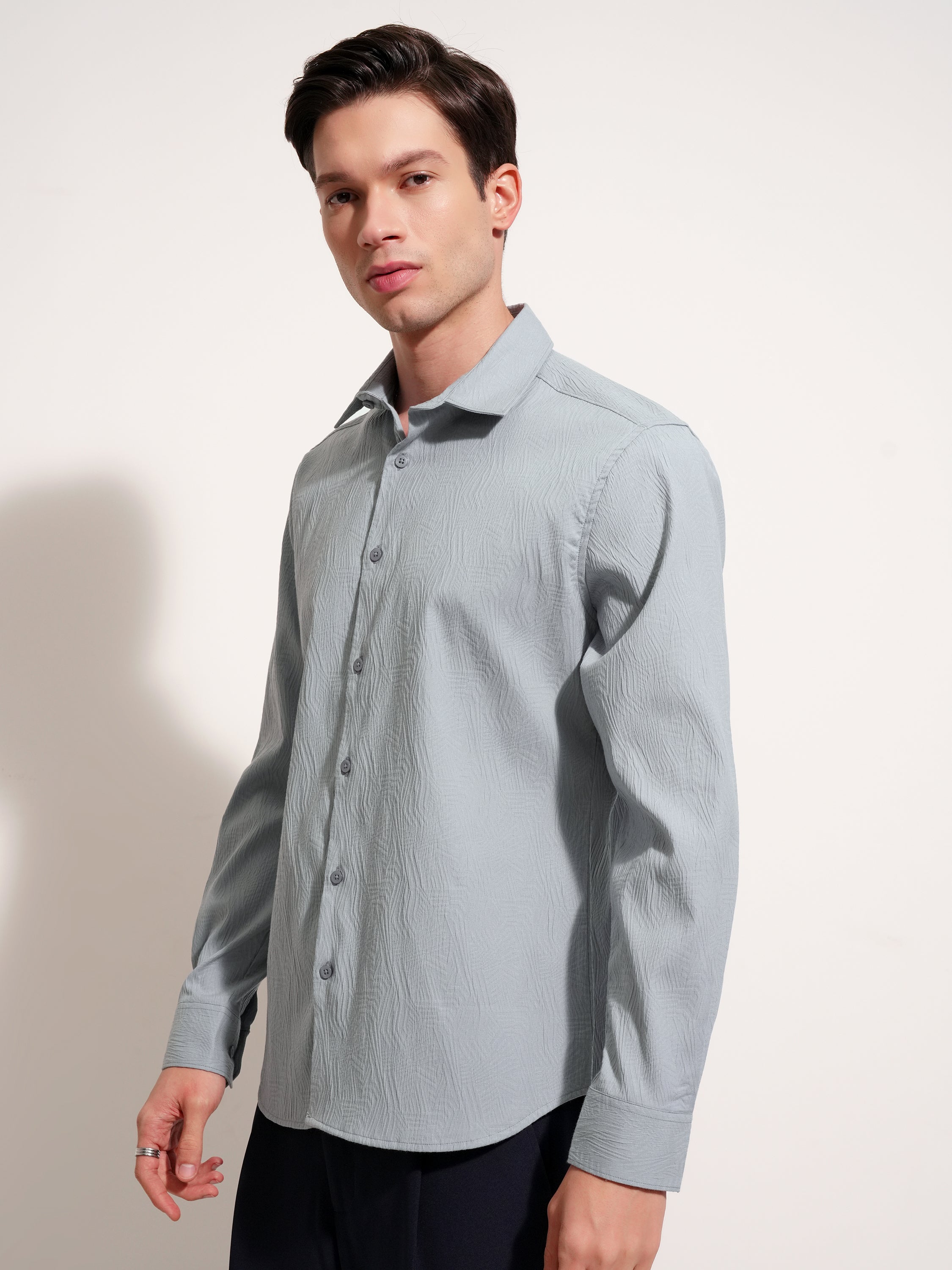 Highlander Men Grey Self Design Slim Fit Casual Shirt - Grey - Image 4