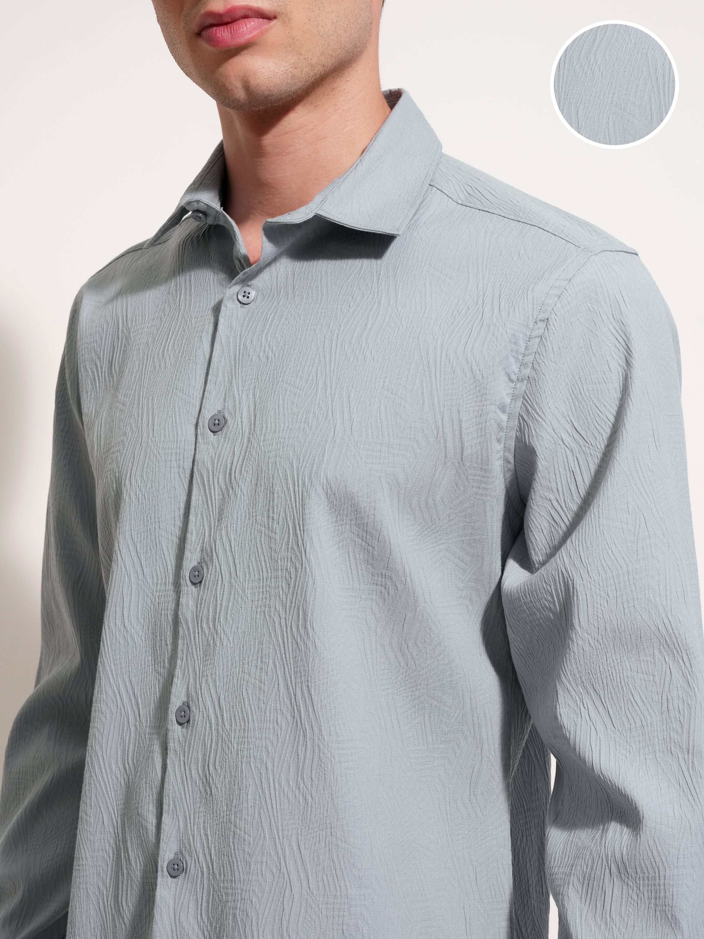 Highlander Men Grey Self Design Slim Fit Casual Shirt - Grey - Image 5