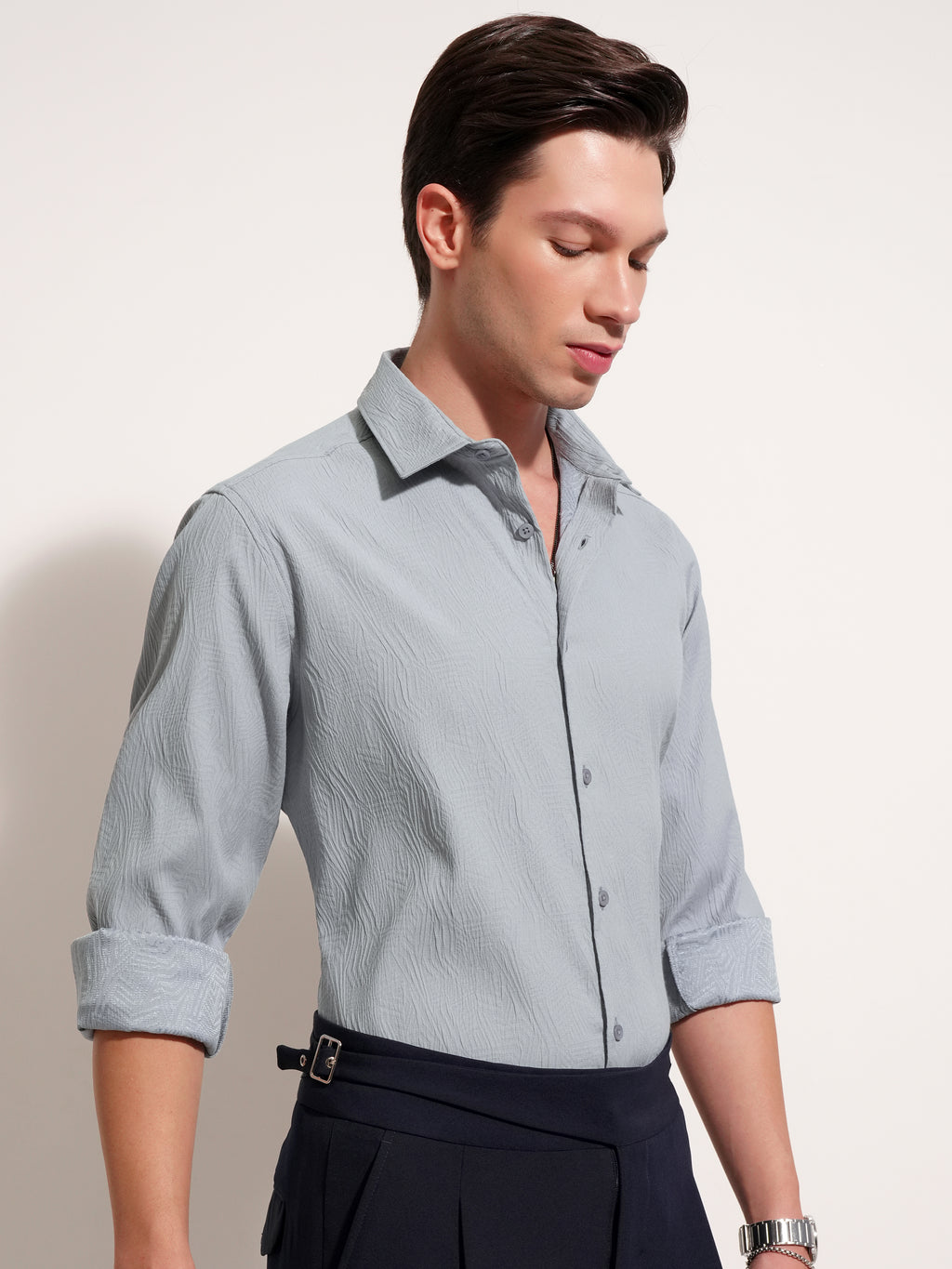 Highlander Men Grey Self Design Slim Fit Casual Shirt - Grey - Image 6