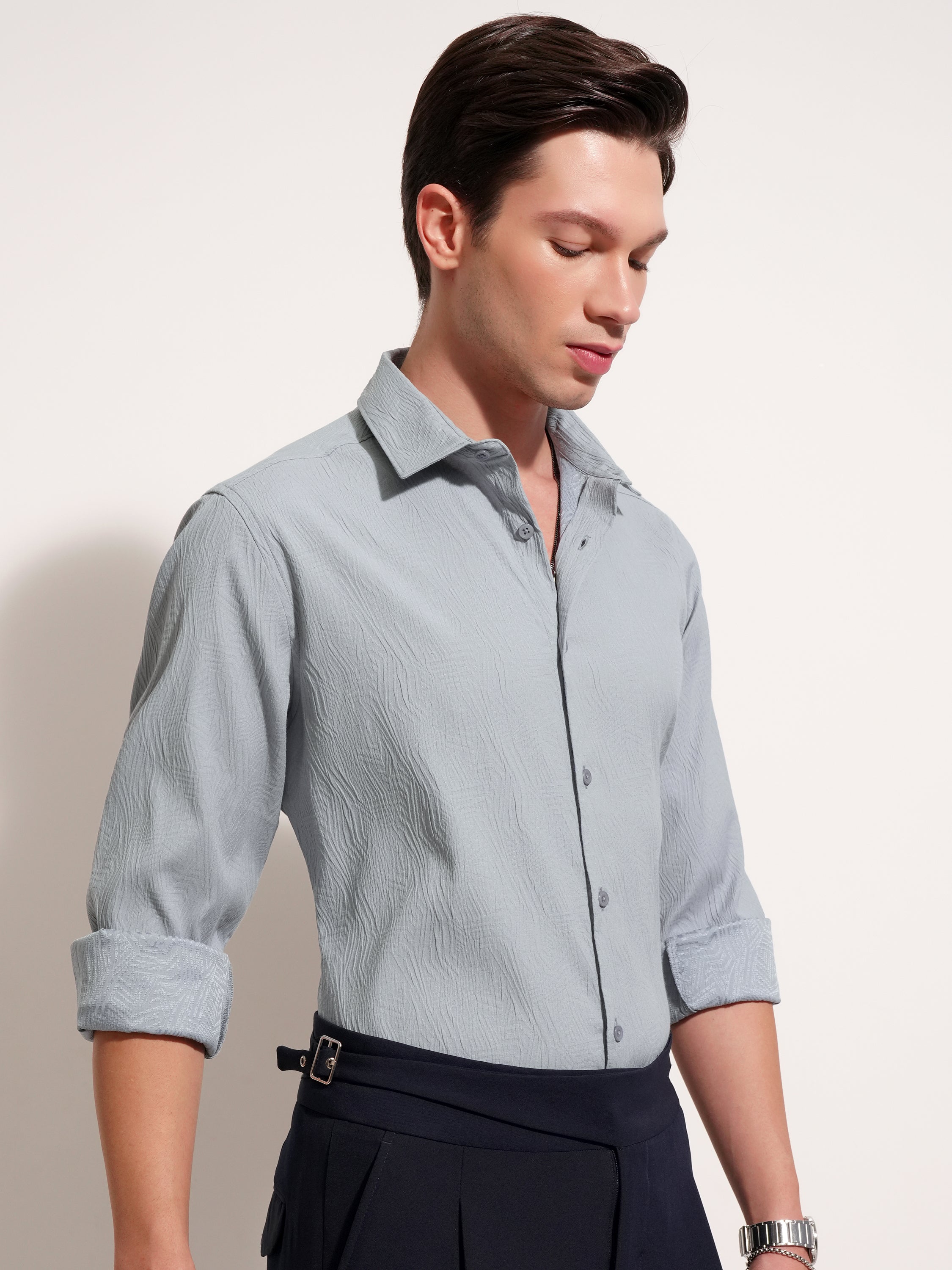 Highlander Men Grey Self Design Slim Fit Casual Shirt - Grey - Image 6