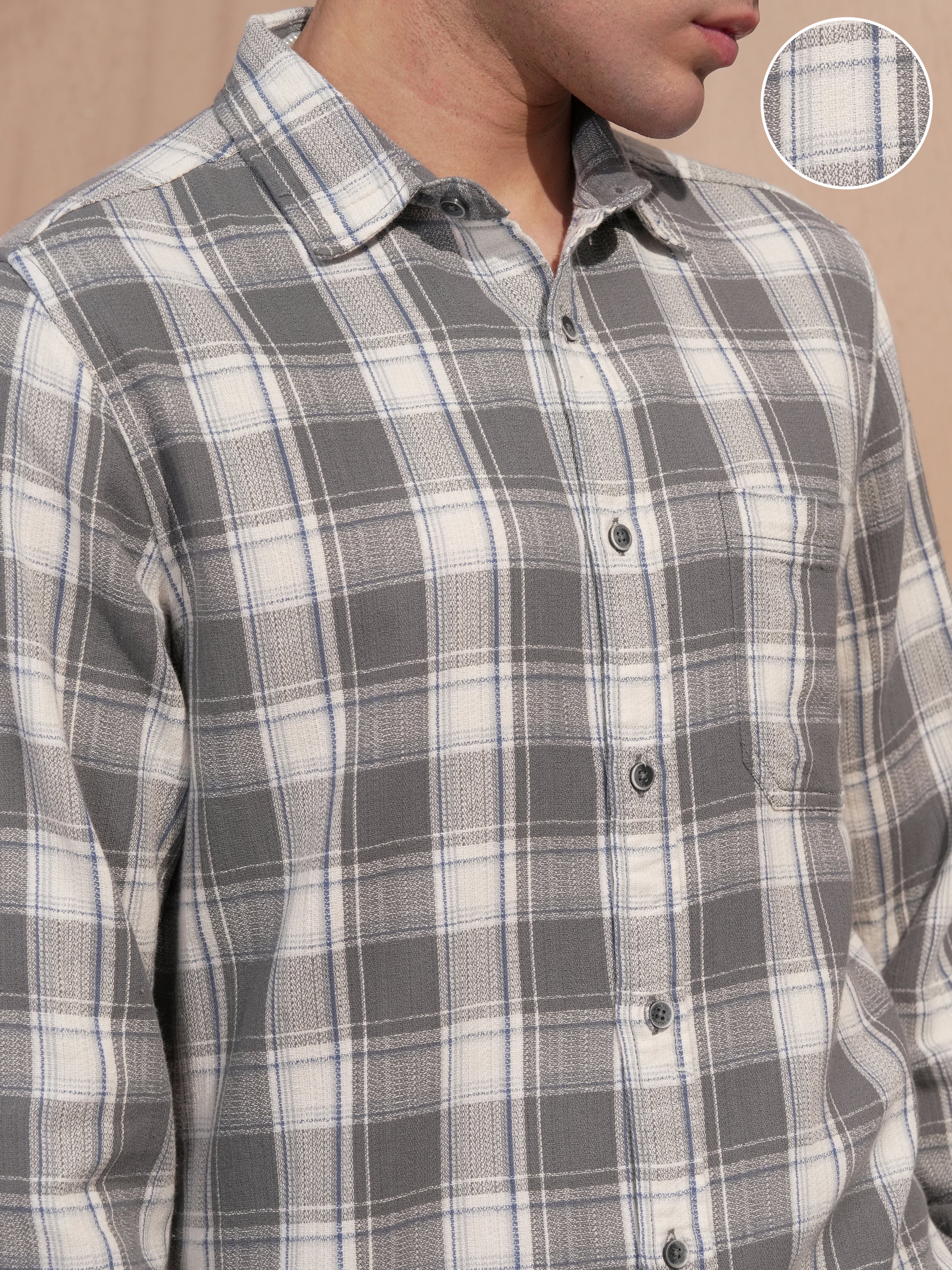 Highlander Men Grey Checked Slim Fit Casual Shirt - Grey - Image 5