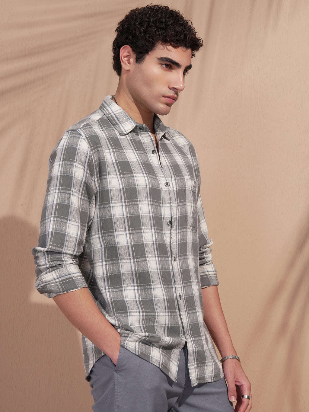 Highlander Men Grey Checked Slim Fit Casual Shirt - Grey - Image 6