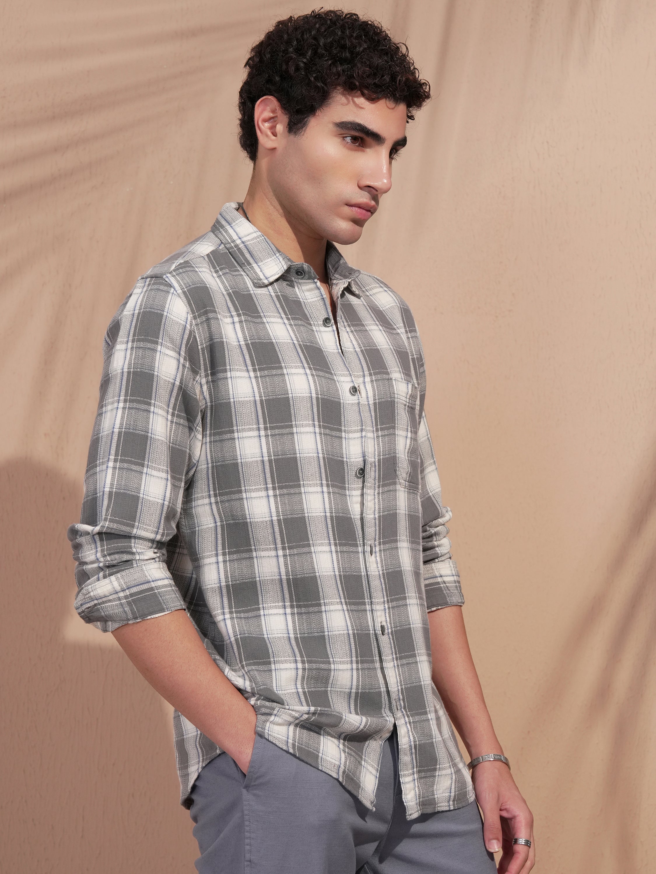 Highlander Men Grey Checked Slim Fit Casual Shirt - Grey - Image 6