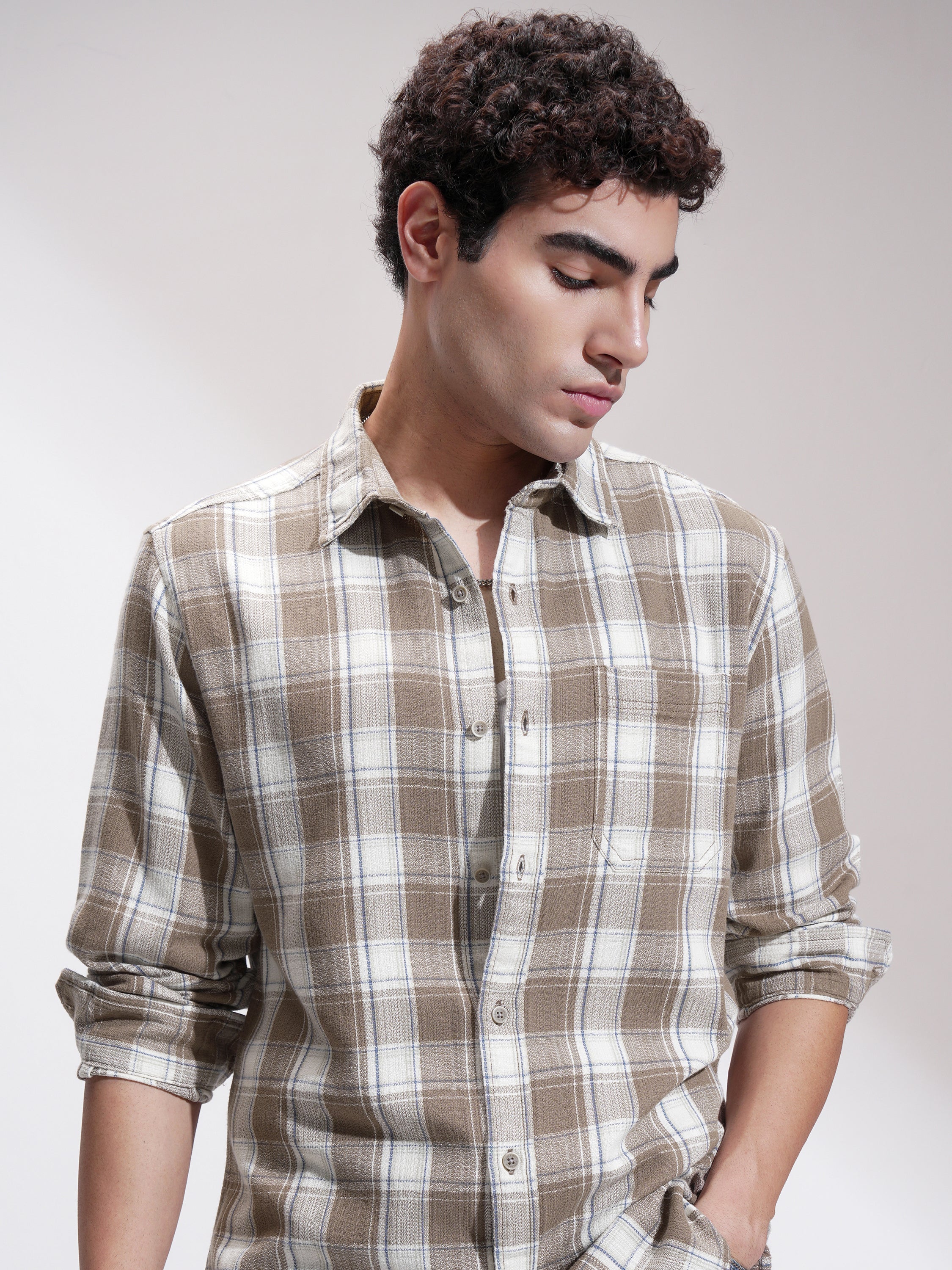 Highlander Men Khaki Checked Slim Fit Casual Shirt - Khaki - Image 1