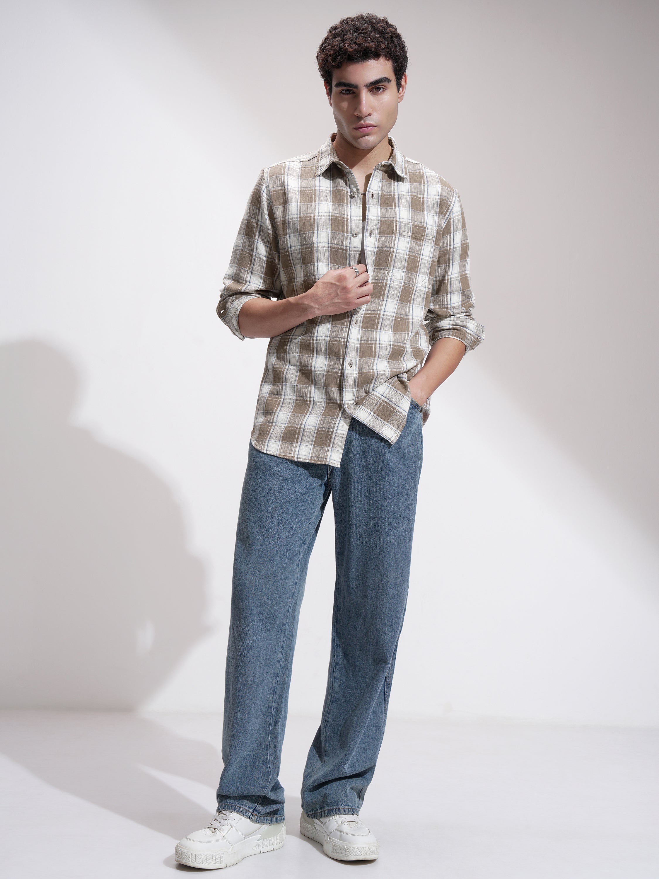 Highlander Men Khaki Checked Slim Fit Casual Shirt - Khaki - Image 2