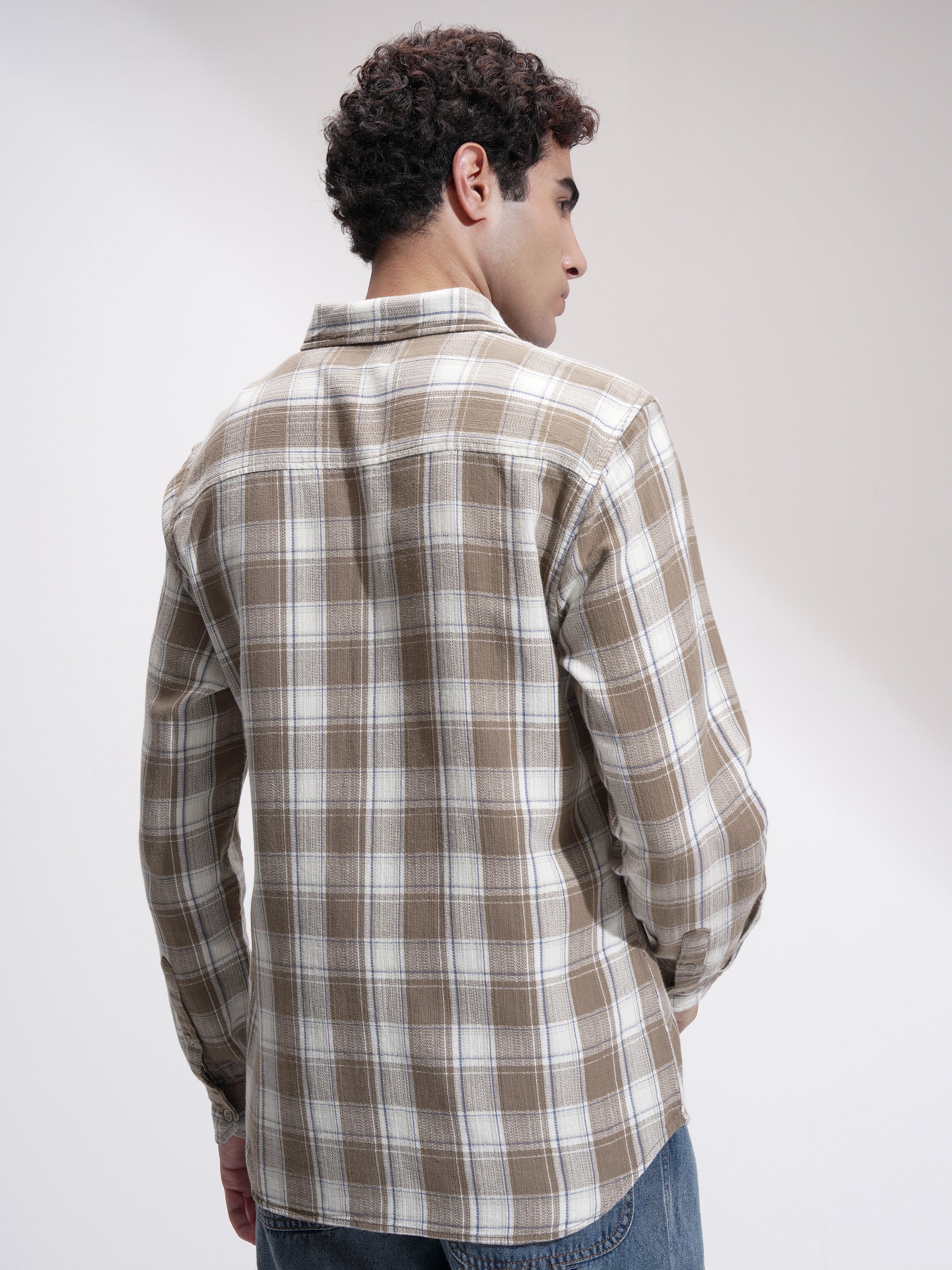 Highlander Men Khaki Checked Slim Fit Casual Shirt - Khaki - Image 3