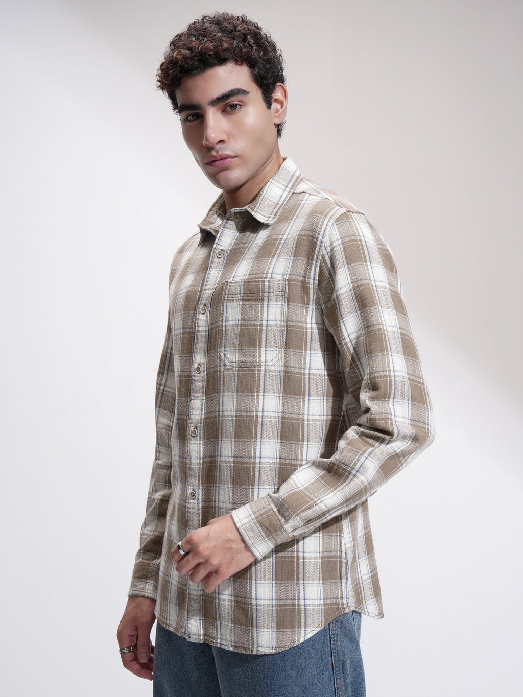 Highlander Men Khaki Checked Slim Fit Casual Shirt - Khaki - Image 4