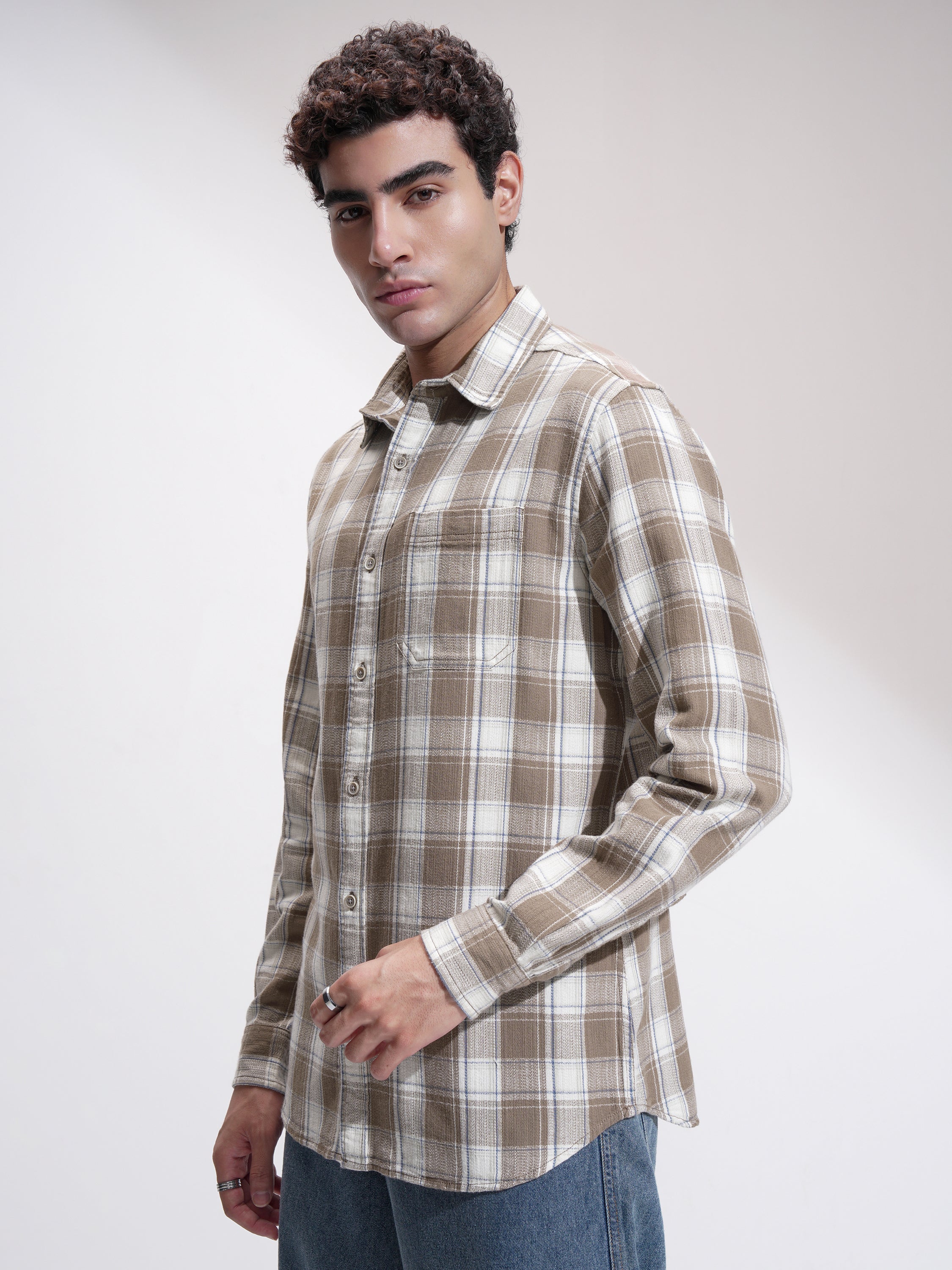 Highlander Men Khaki Checked Slim Fit Casual Shirt - Khaki - Image 4