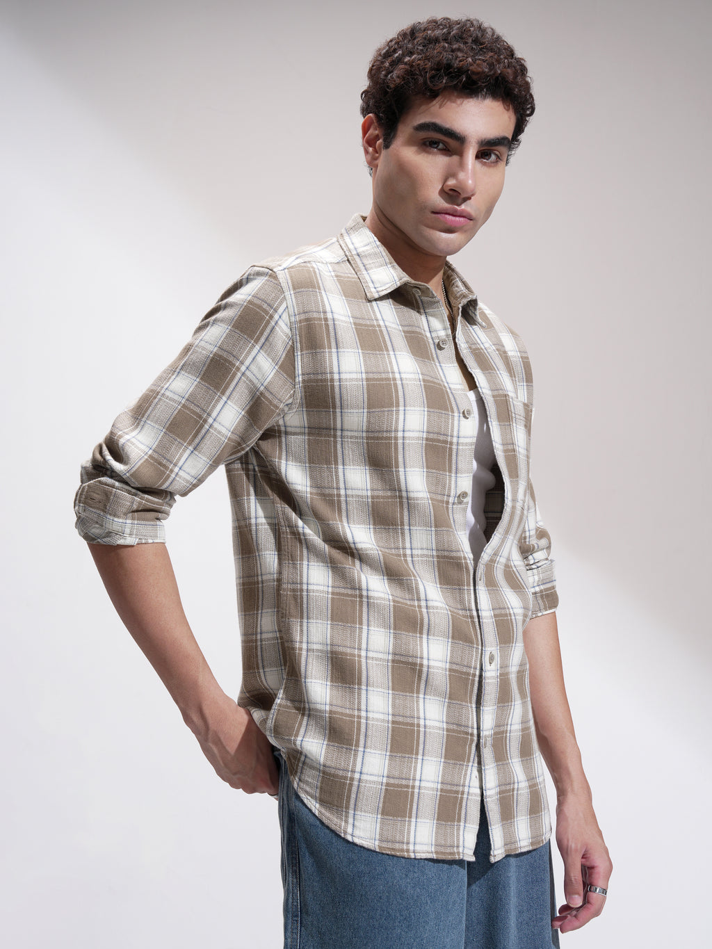 Highlander Men Khaki Checked Slim Fit Casual Shirt - Khaki - Image 6