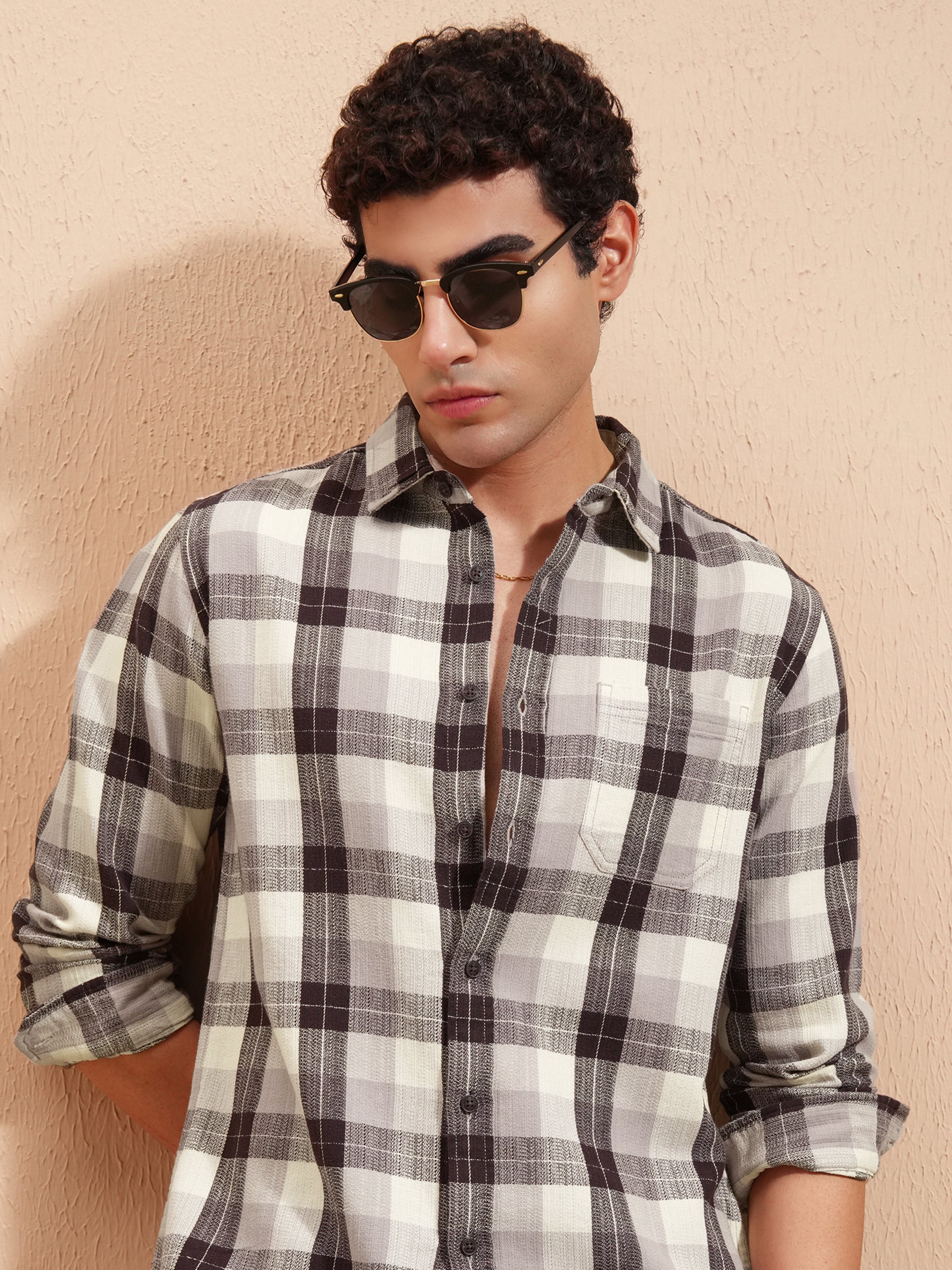 Highlander Men Brown Checked Slim Fit Casual Shirt - Brown - Image 1