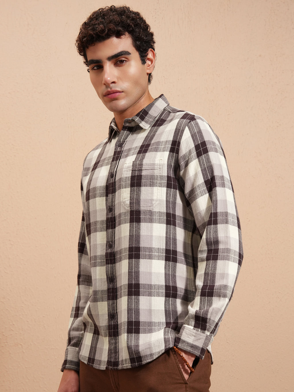 Highlander Men Brown Checked Slim Fit Casual Shirt - Brown - Image 4