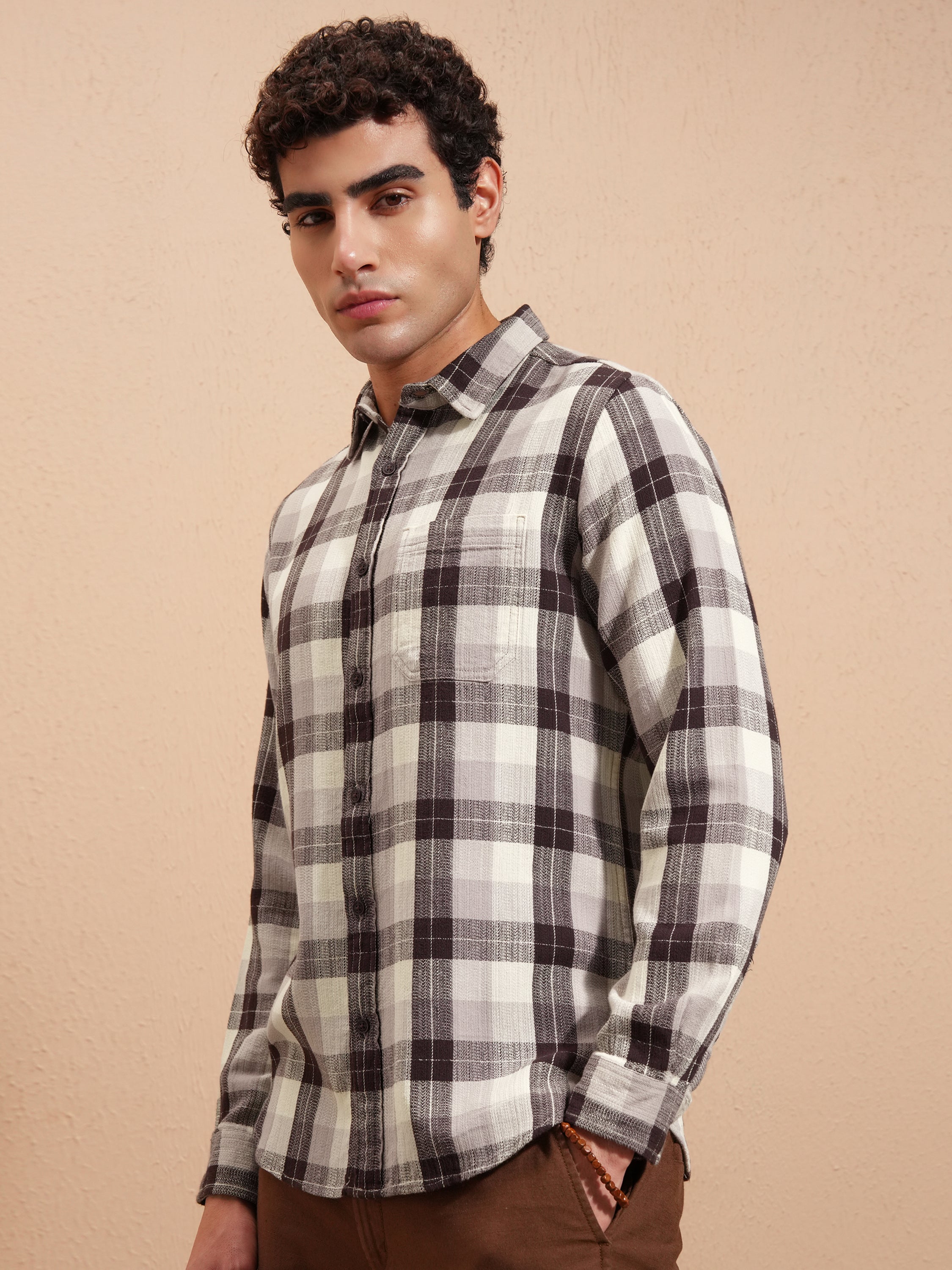 Highlander Men Brown Checked Slim Fit Casual Shirt - Brown - Image 4
