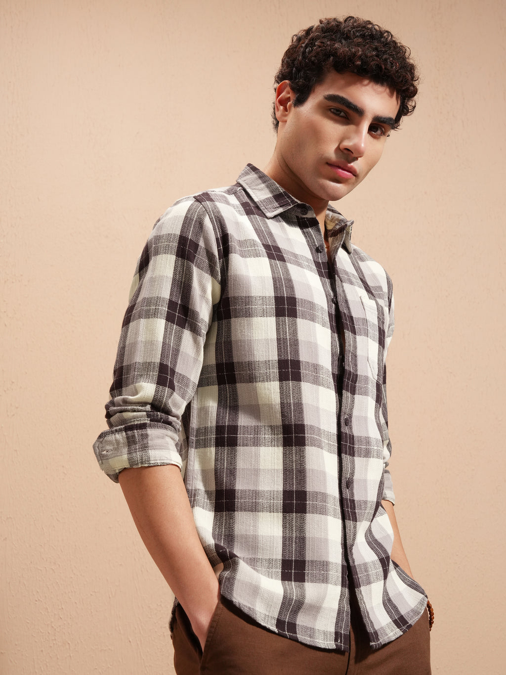 Highlander Men Brown Checked Slim Fit Casual Shirt - Brown - Image 6
