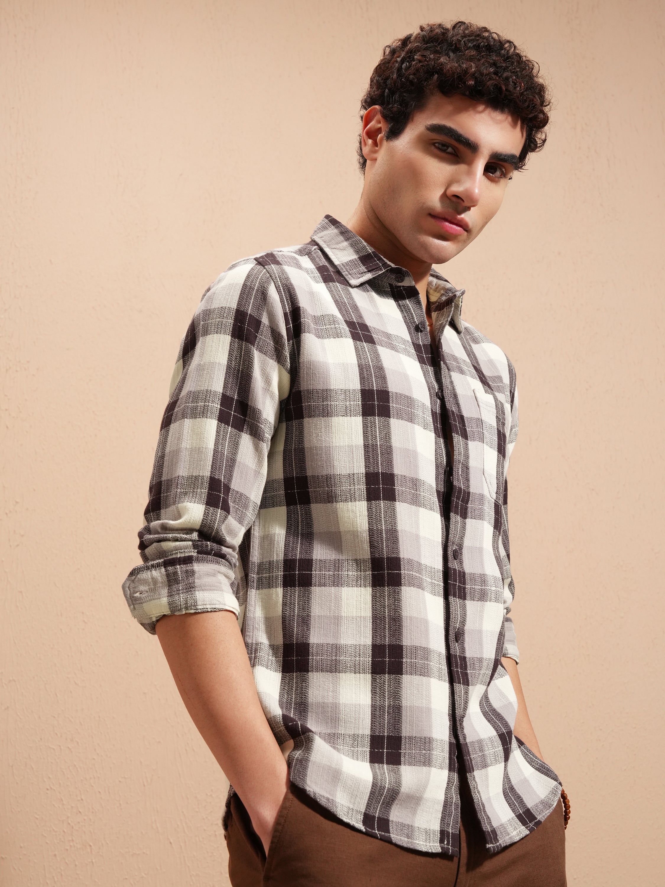 Highlander Men Brown Checked Slim Fit Casual Shirt - Brown - Image 6