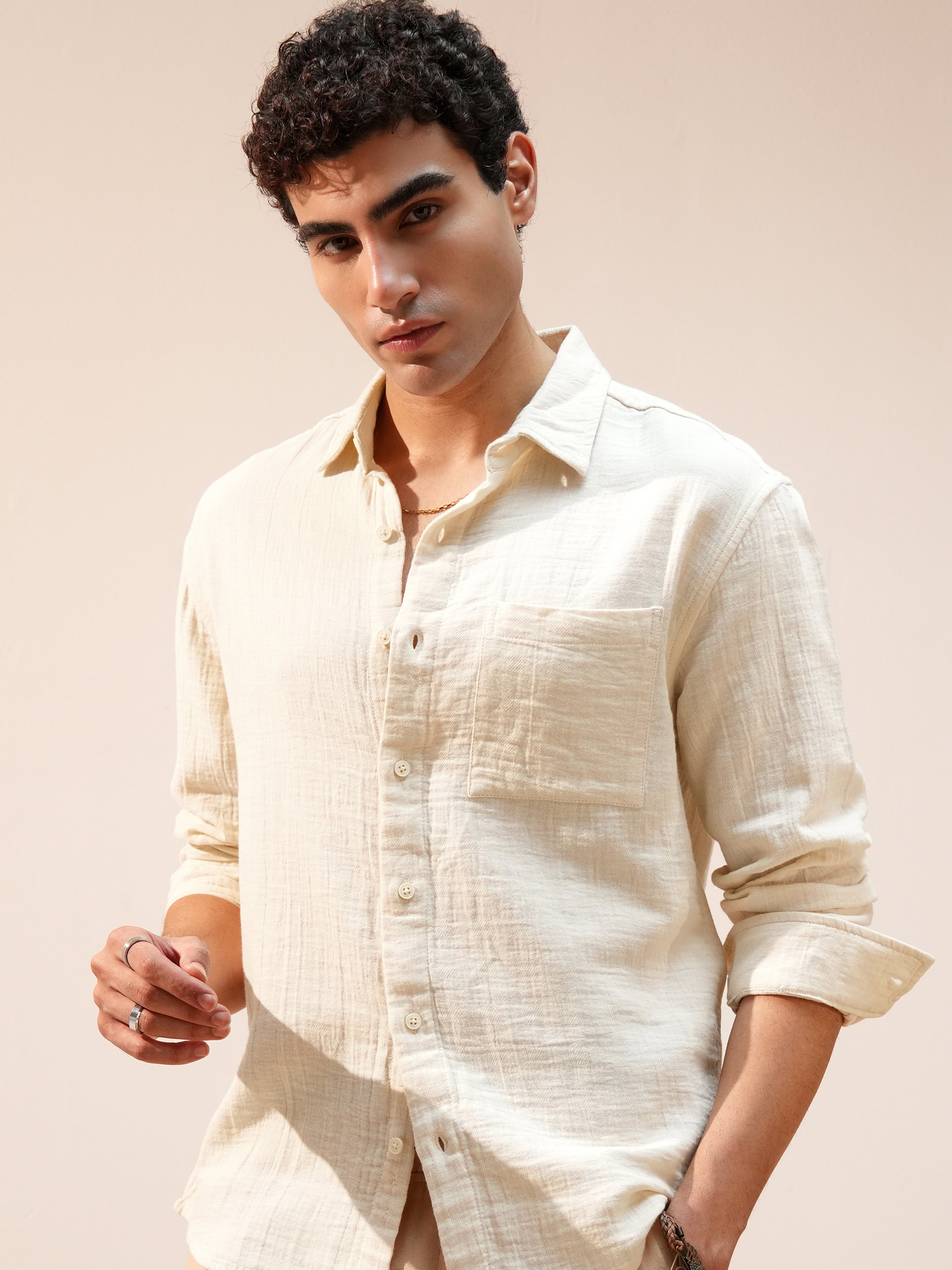 Highlander Men Cream Self Design Relaxed Fit Casual Shirt - Cream - Image 1