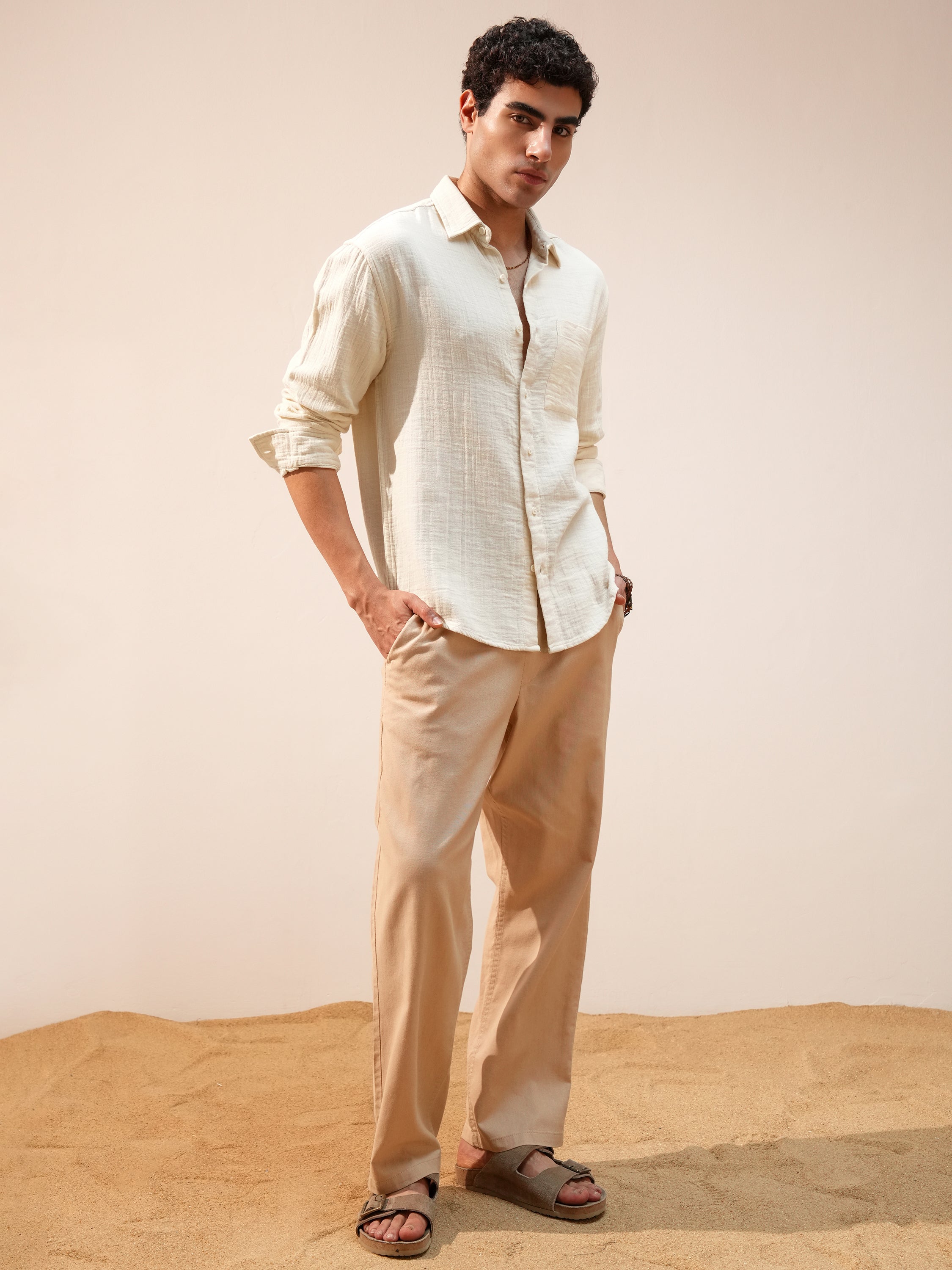Highlander Men Cream Self Design Relaxed Fit Casual Shirt - Cream - Image 2