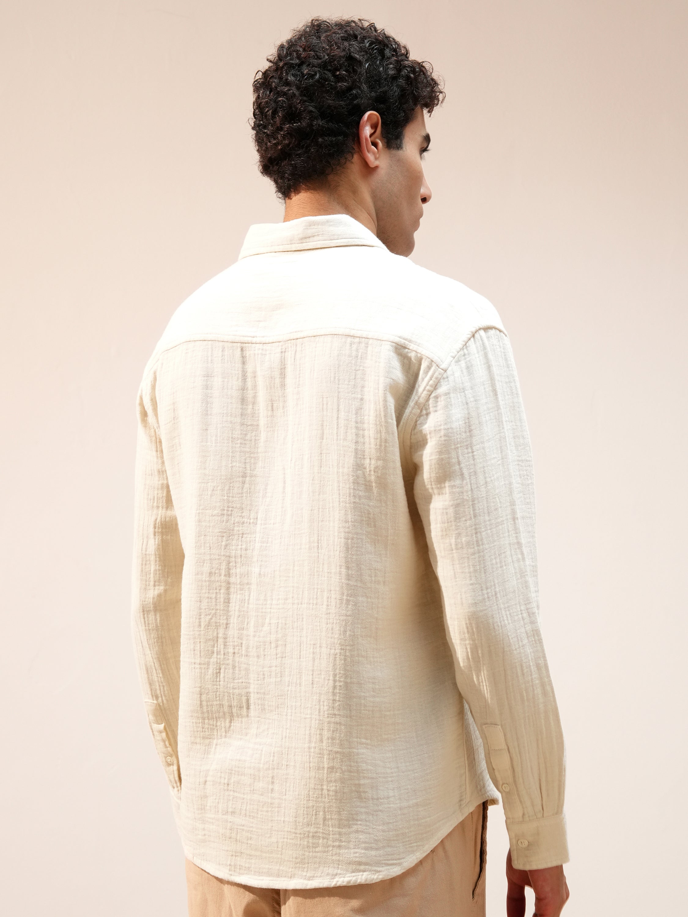 Highlander Men Cream Self Design Relaxed Fit Casual Shirt - Cream - Image 3
