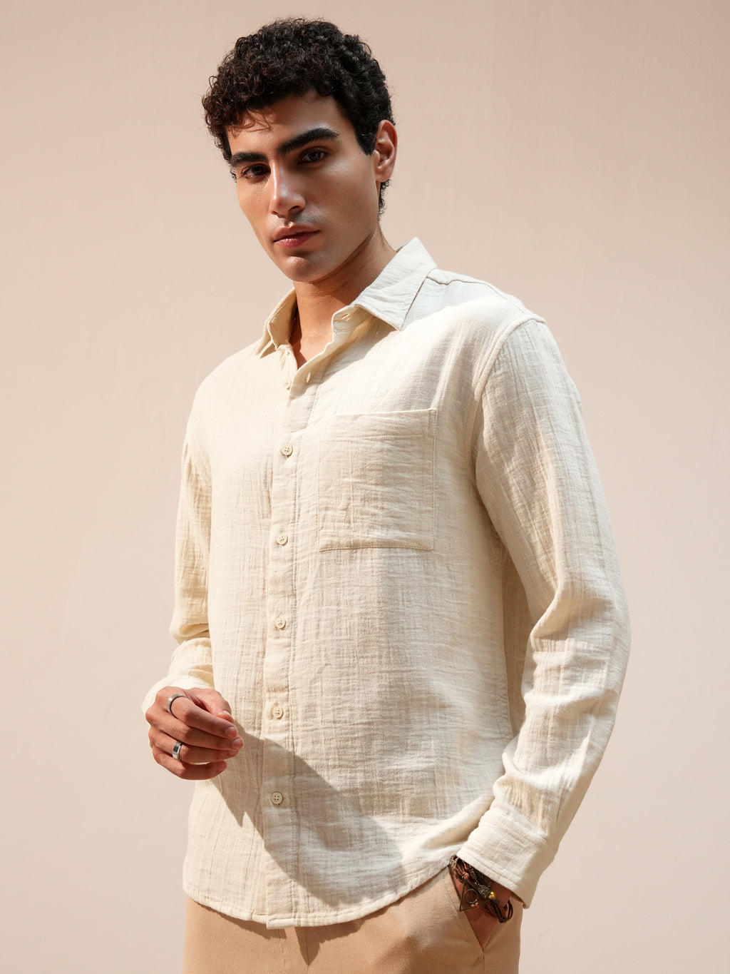 Highlander Men Cream Self Design Relaxed Fit Casual Shirt - Cream - Image 4