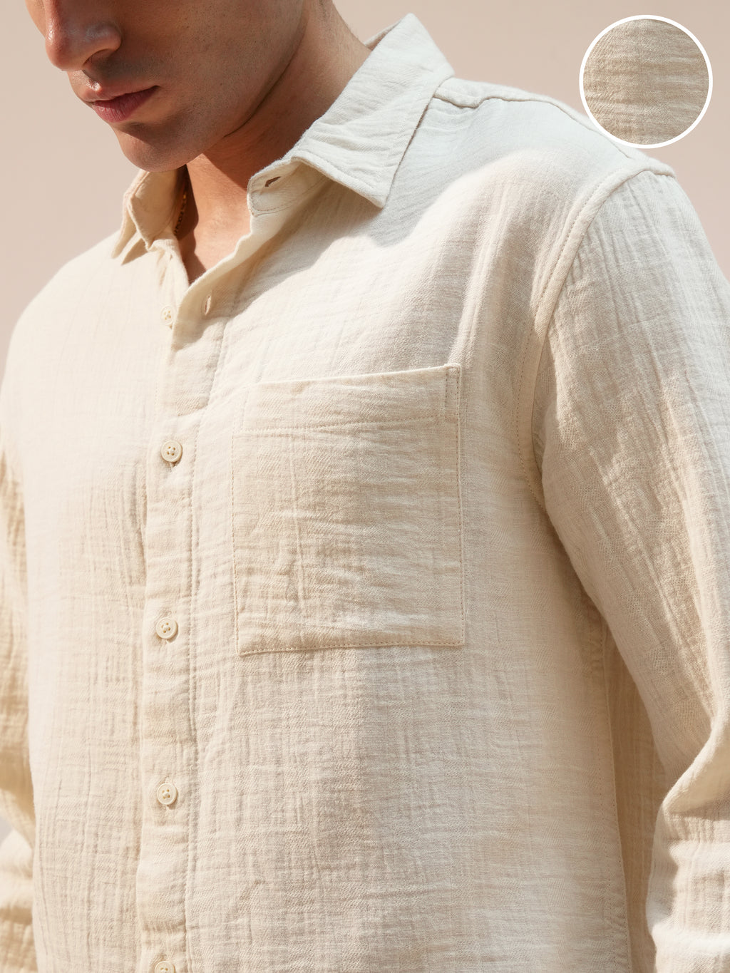Highlander Men Cream Self Design Relaxed Fit Casual Shirt - Cream - Image 5