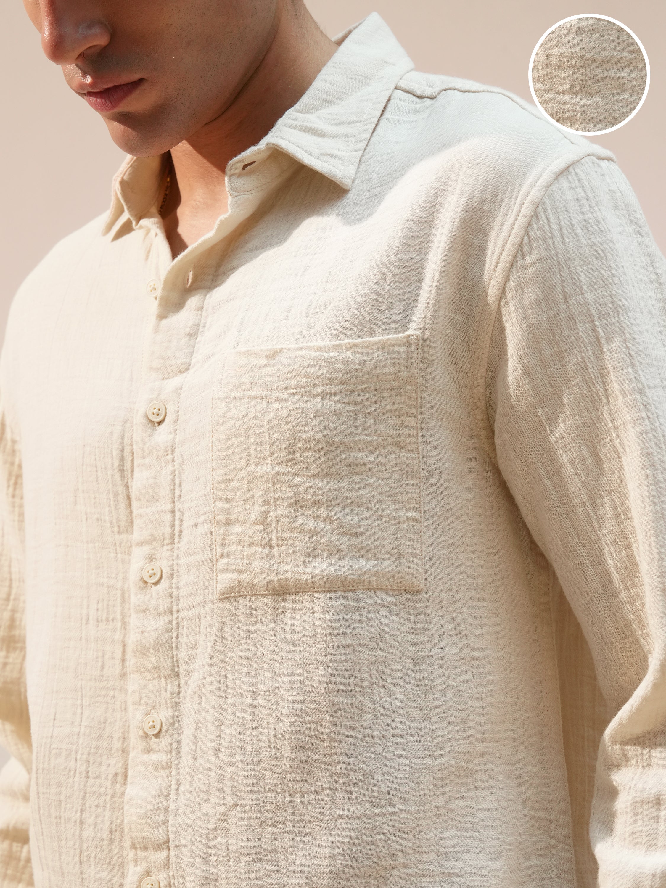 Highlander Men Cream Self Design Relaxed Fit Casual Shirt - Cream - Image 5