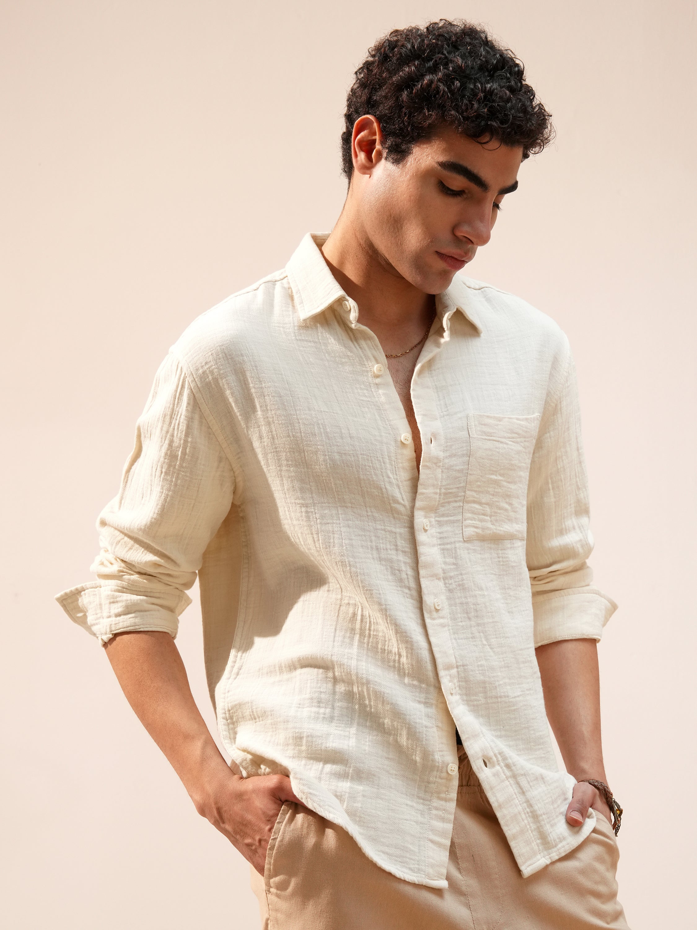 Highlander Men Cream Self Design Relaxed Fit Casual Shirt - Cream - Image 6