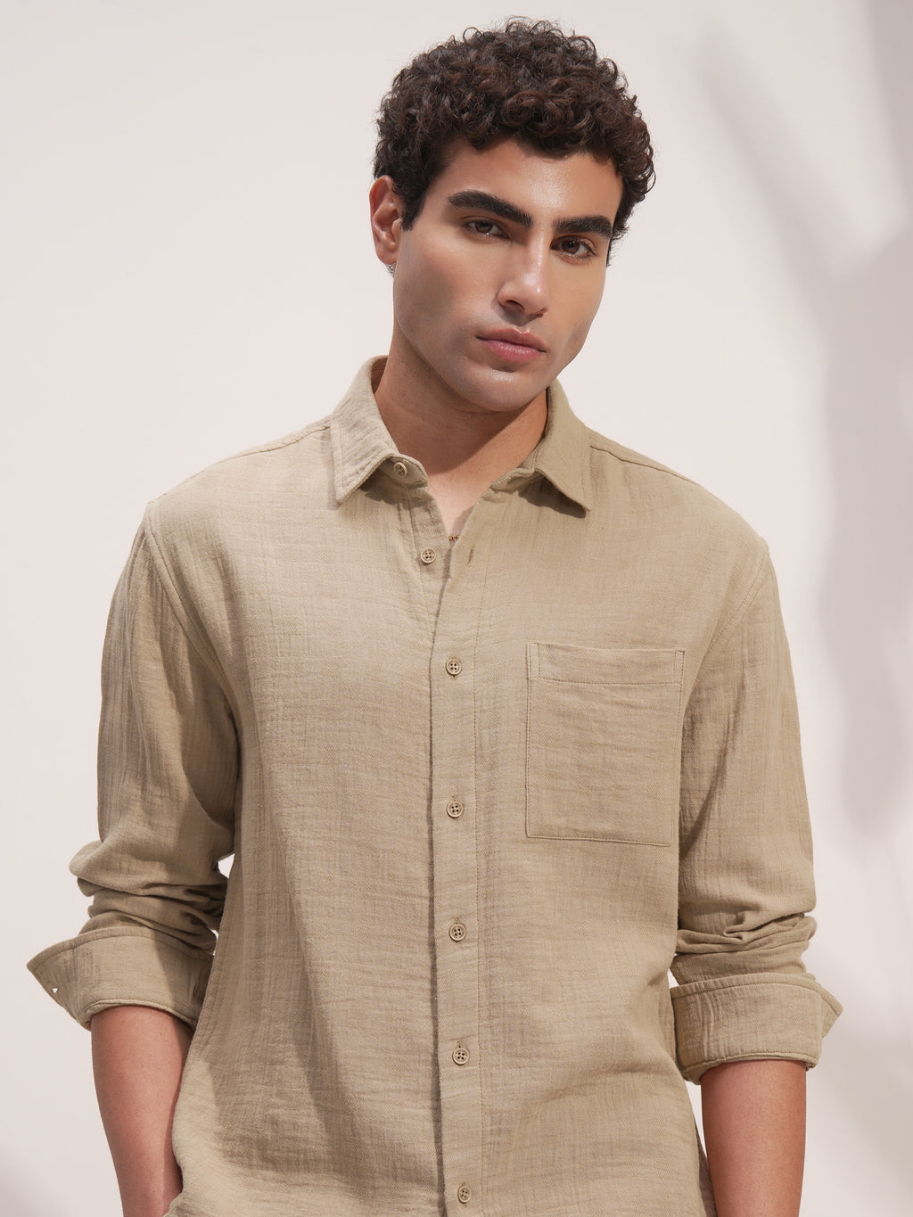 Highlander Men Beige Solid Relaxed Fit Casual Shirt - Beige - Image 1