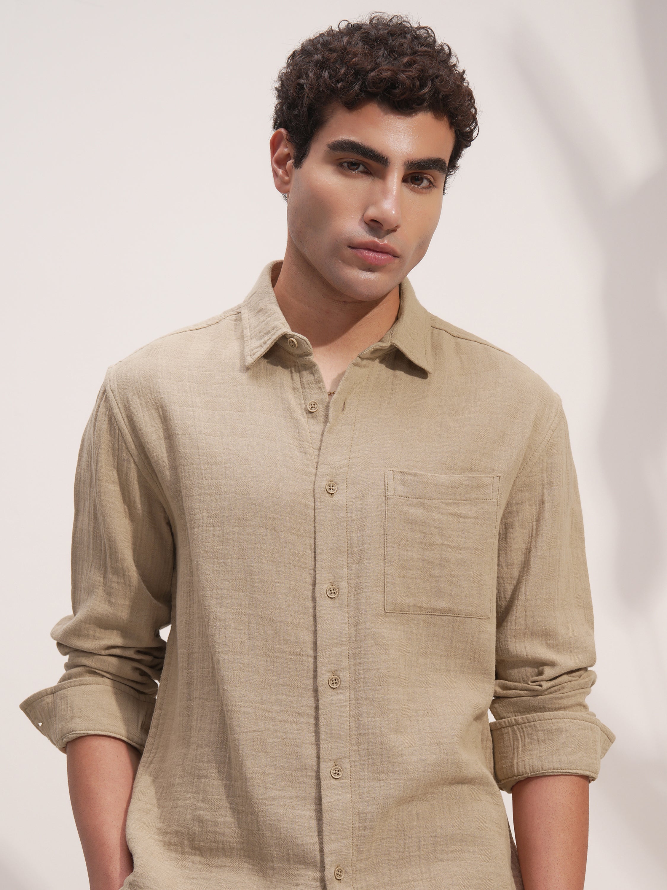 Highlander Men Beige Solid Relaxed Fit Casual Shirt - Beige - Image 1