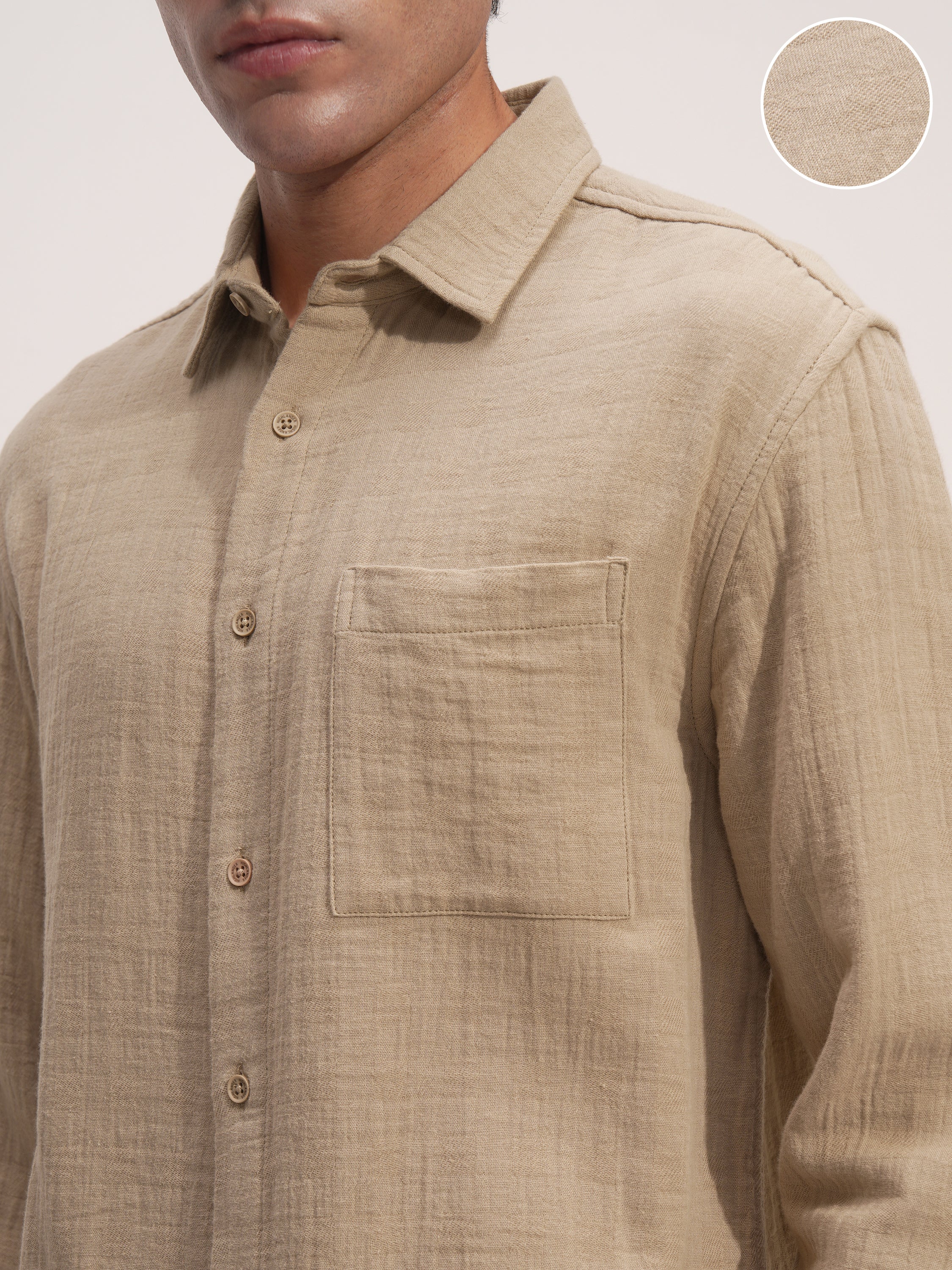 Highlander Men Beige Solid Relaxed Fit Casual Shirt - Beige - Image 5
