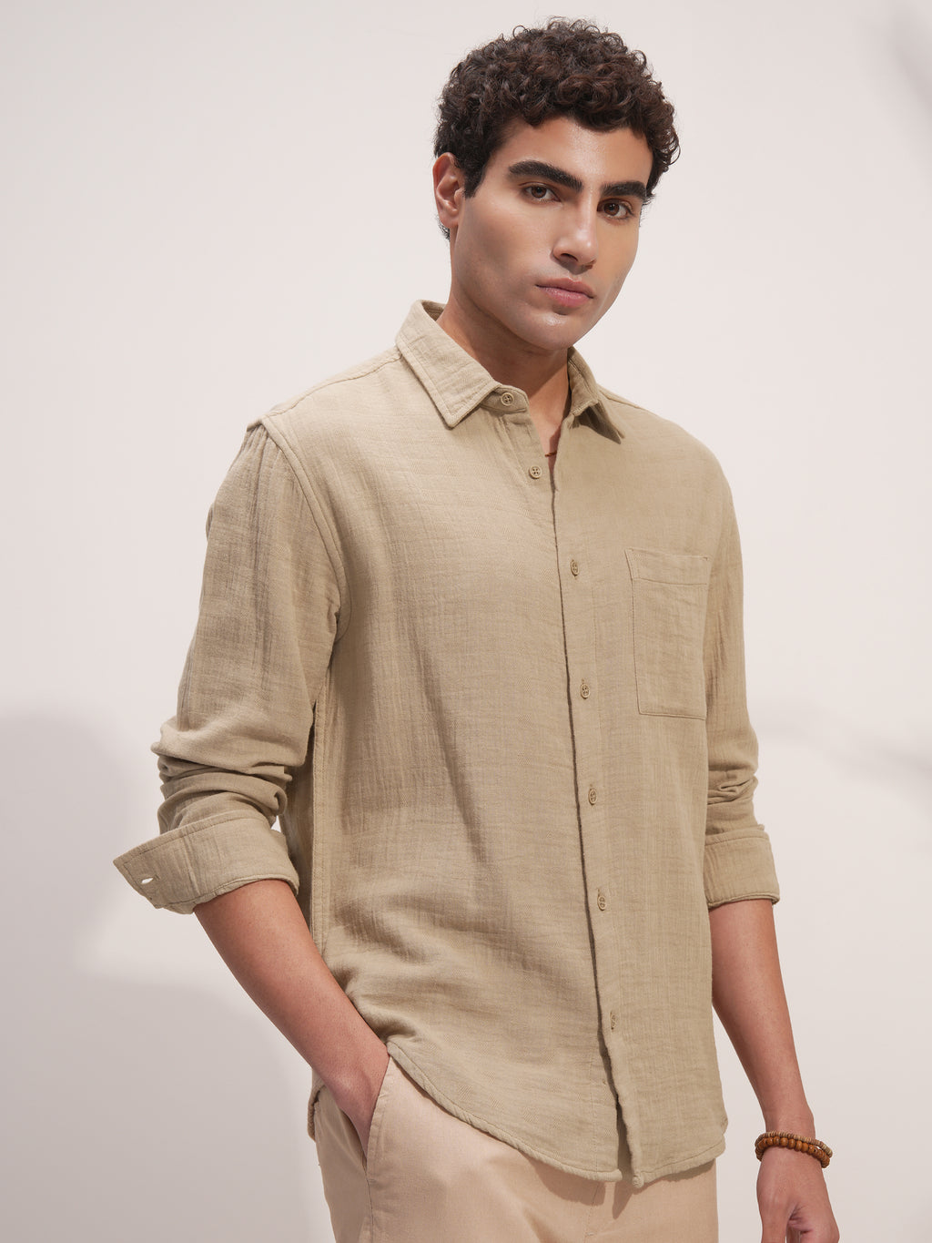 Highlander Men Beige Solid Relaxed Fit Casual Shirt - Beige - Image 6