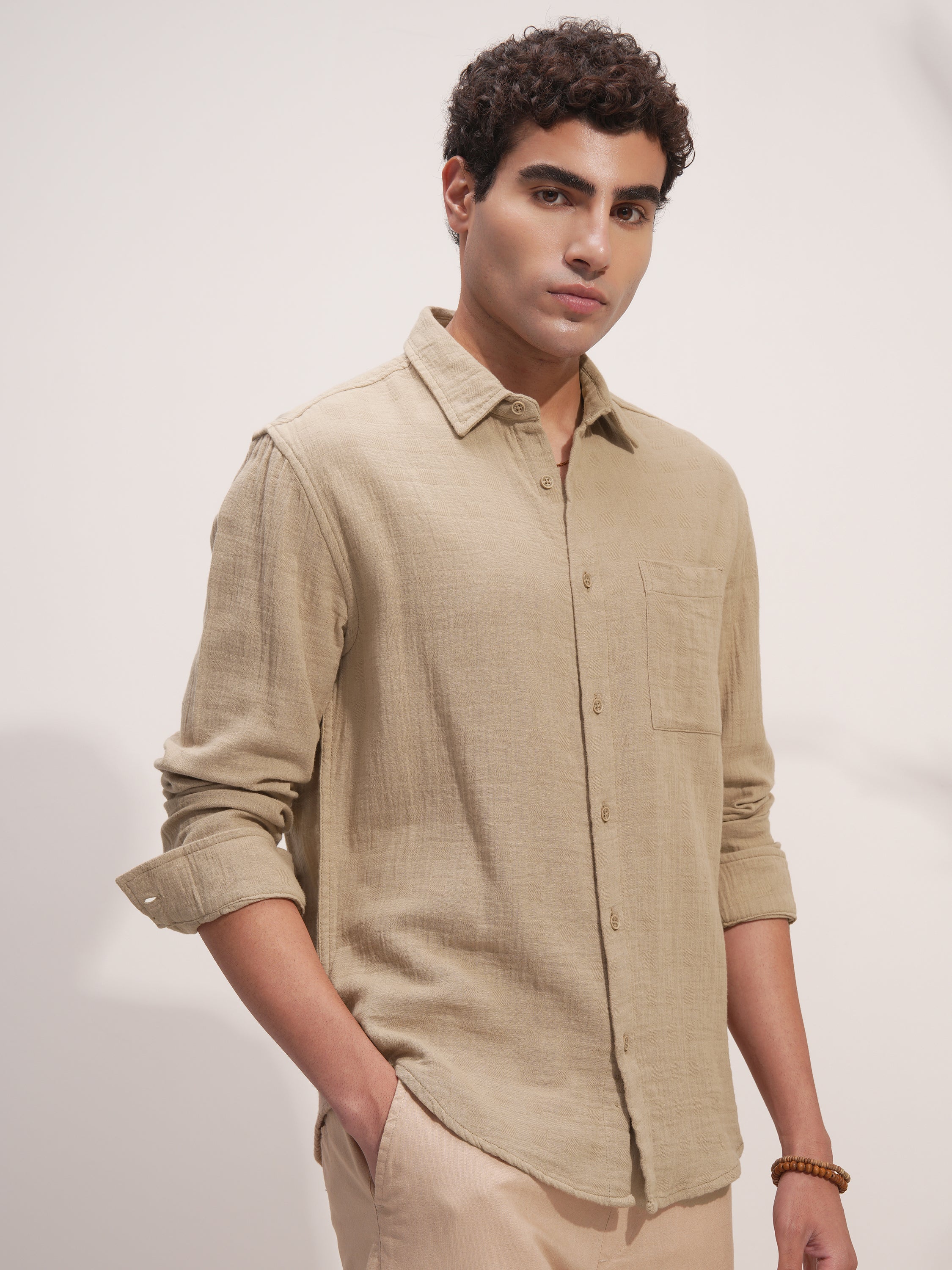 Highlander Men Beige Solid Relaxed Fit Casual Shirt - Beige - Image 6