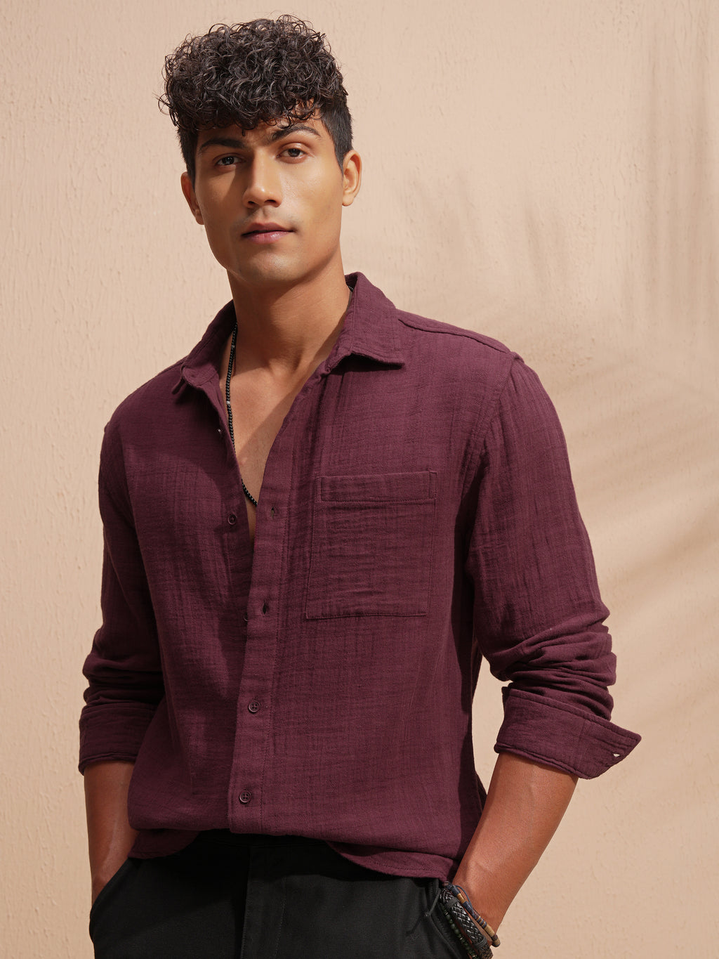 Highlander Men Maroon Self Design Relaxed Fit Casual Shirt - Maroon - Image 4